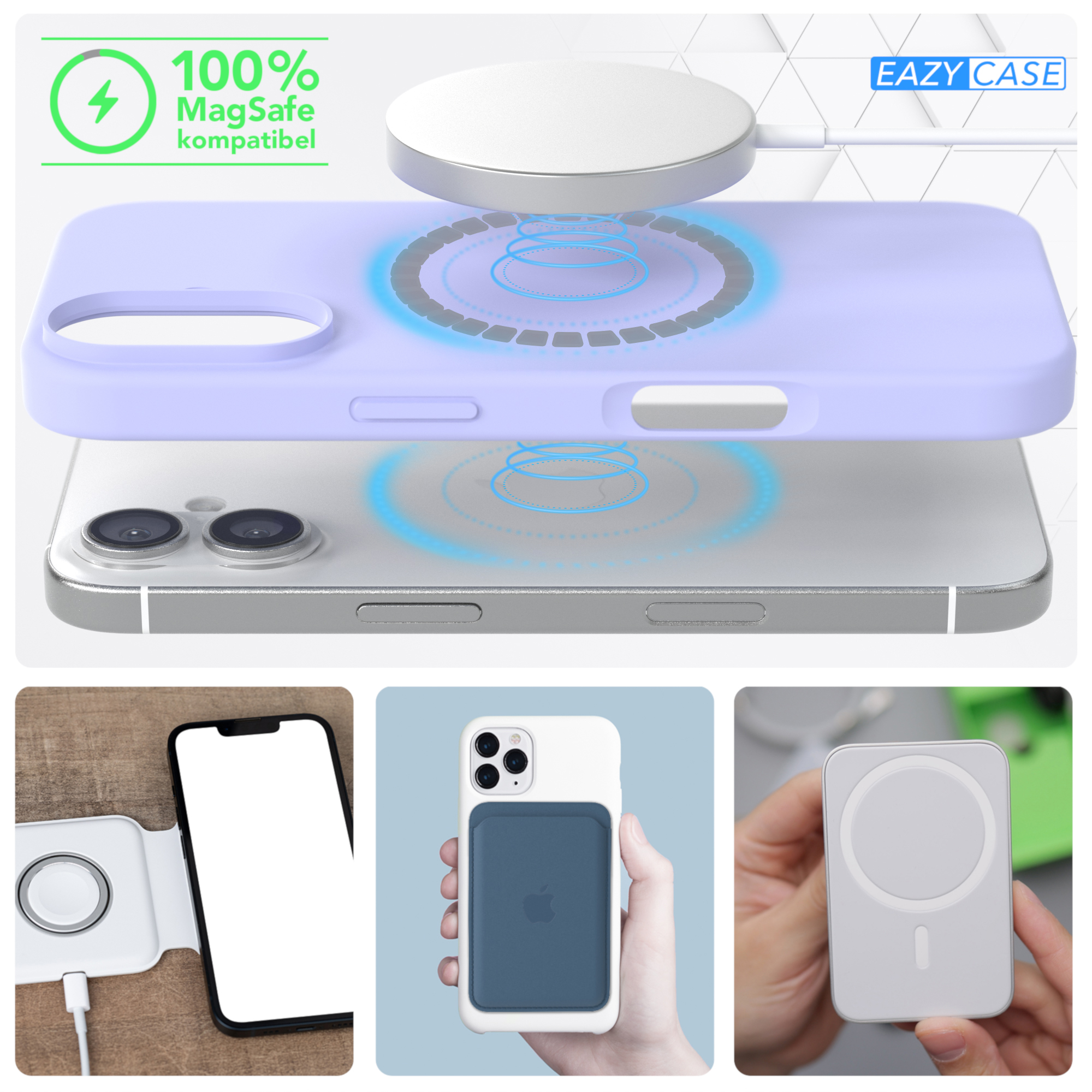 Mehrere Bilder, die ein Telefon, ein MagSafe-Ladegerät und eine Hülle mit MagSafe zeigen.
