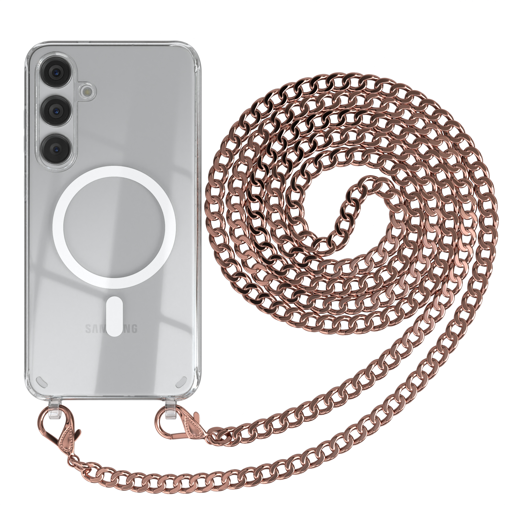 Eine transparente Handyhülle mit einer roségoldenen Kette. Die Hülle zeigt ein Telefon.