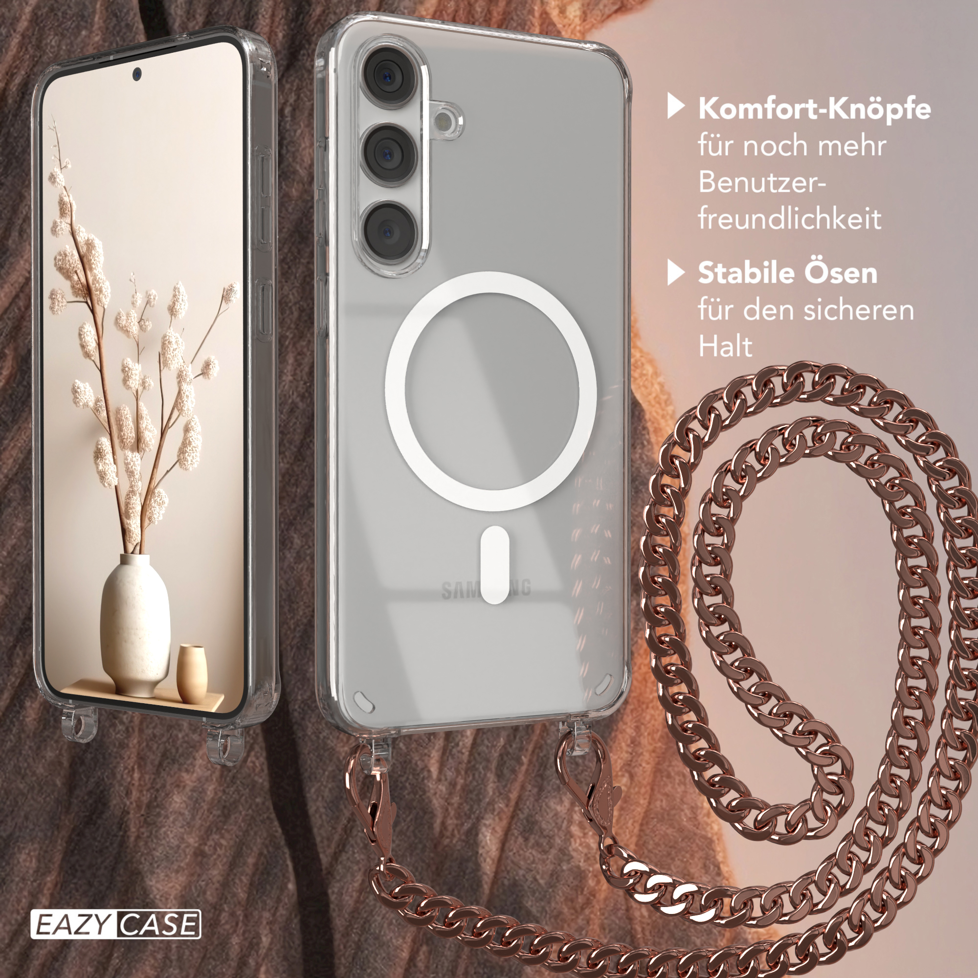 Eine Handyhülle mit einem Telefon und einer Kette. Die Handyhülle ist transparent mit lila Rückseite.