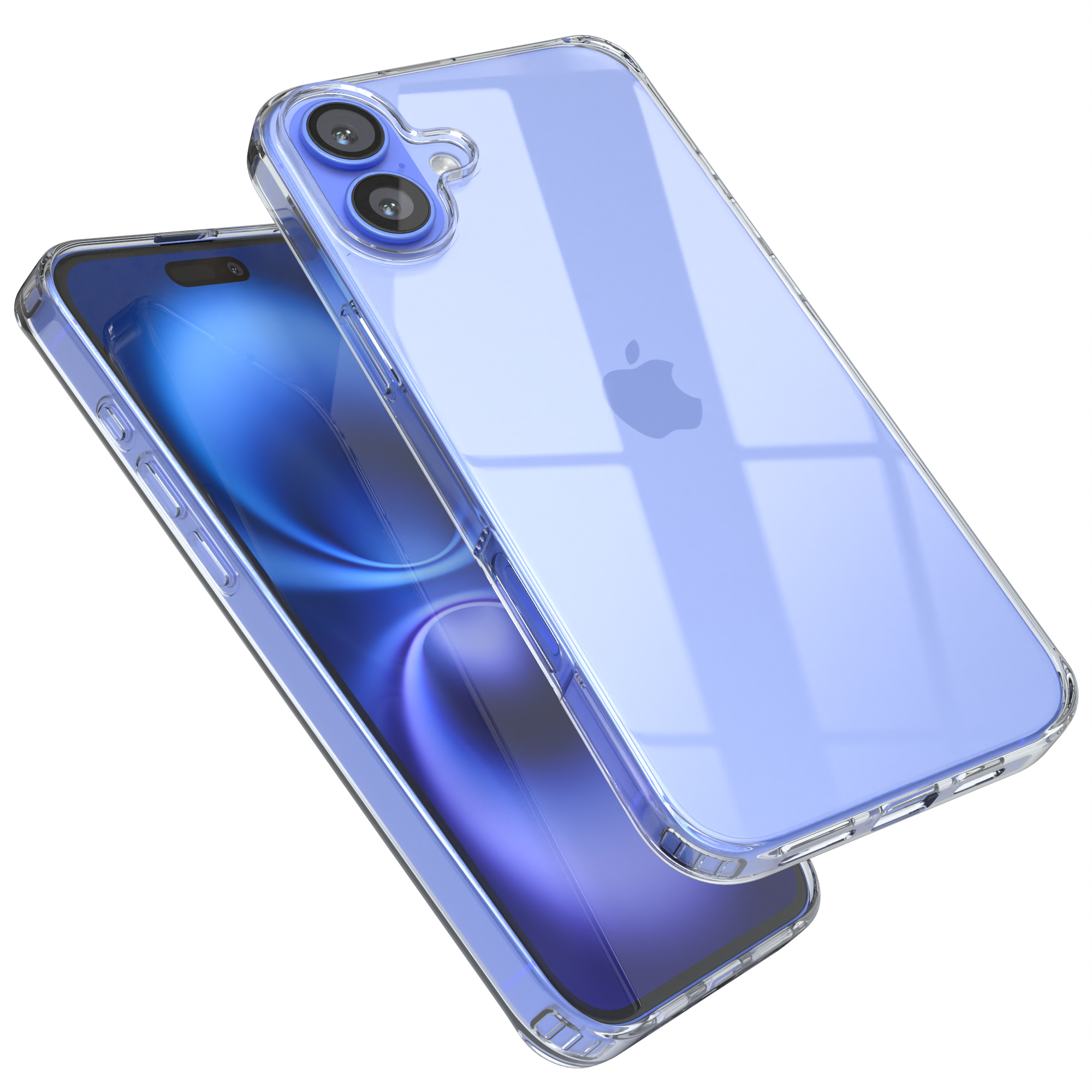iPhone in transparent-blauer Hülle. Rückseite mit Kameras sichtbar.