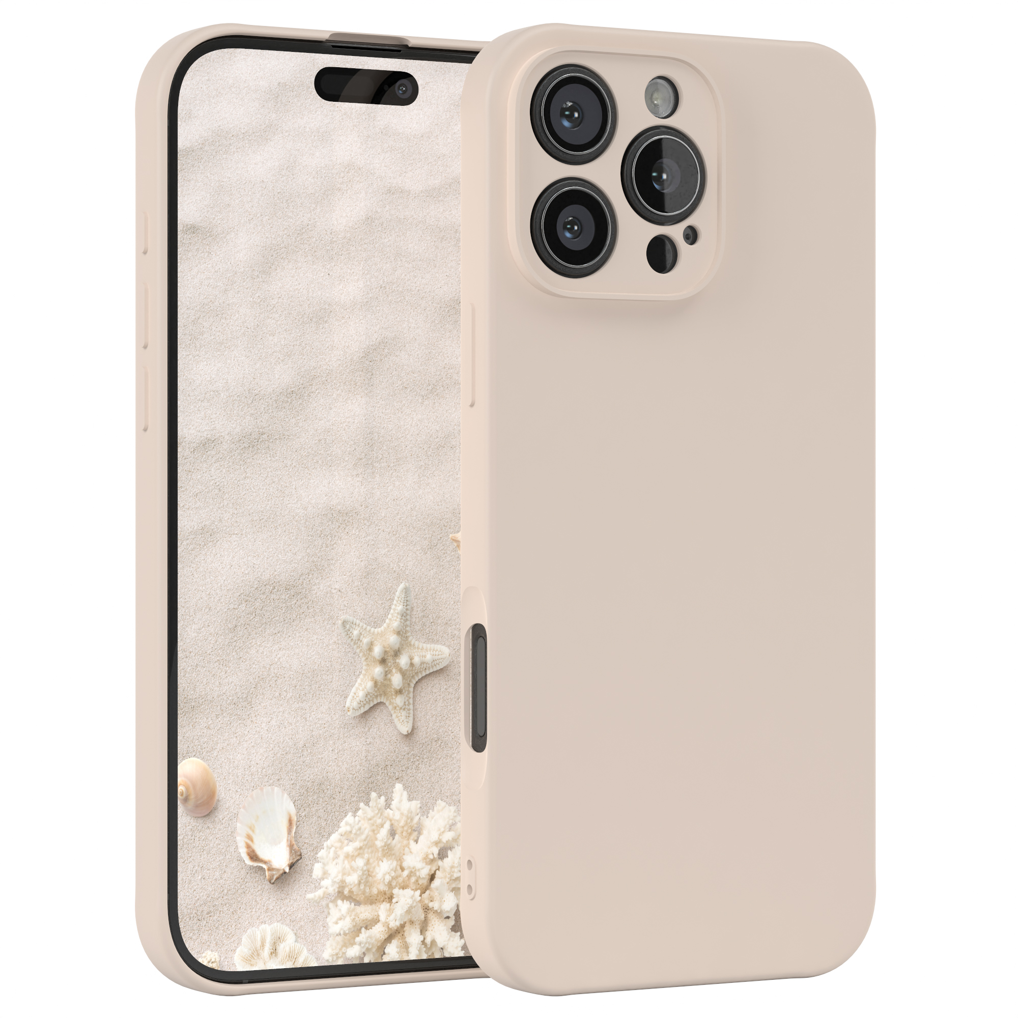Eine Handyhülle mit einer Strandszene auf weißem Hintergrund. Die Handyhülle ist beige.