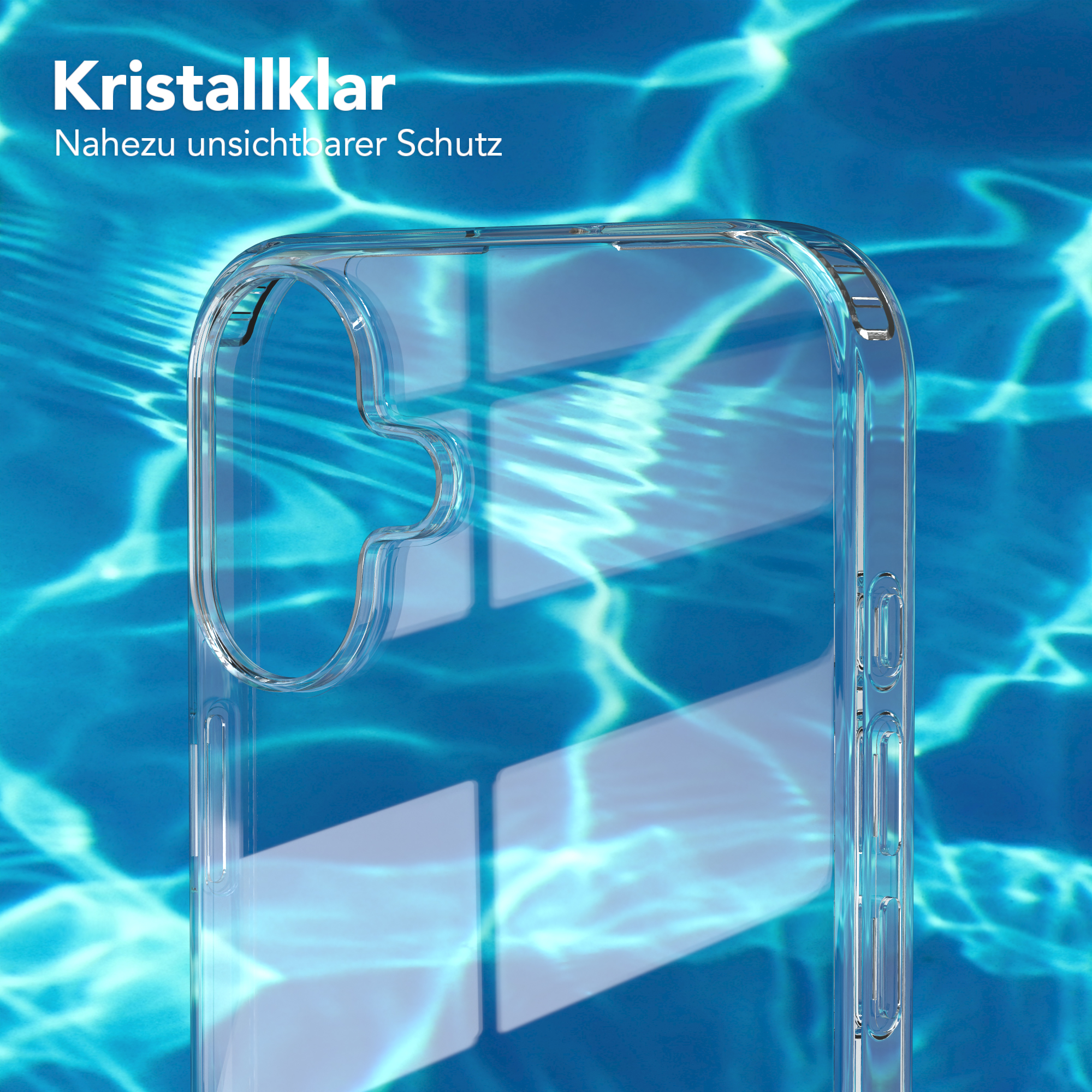 Eine transparente Handyhülle vor blauem Wasserhintergrund. Text beschreibt, dass die Hülle fast unsichtbar ist.