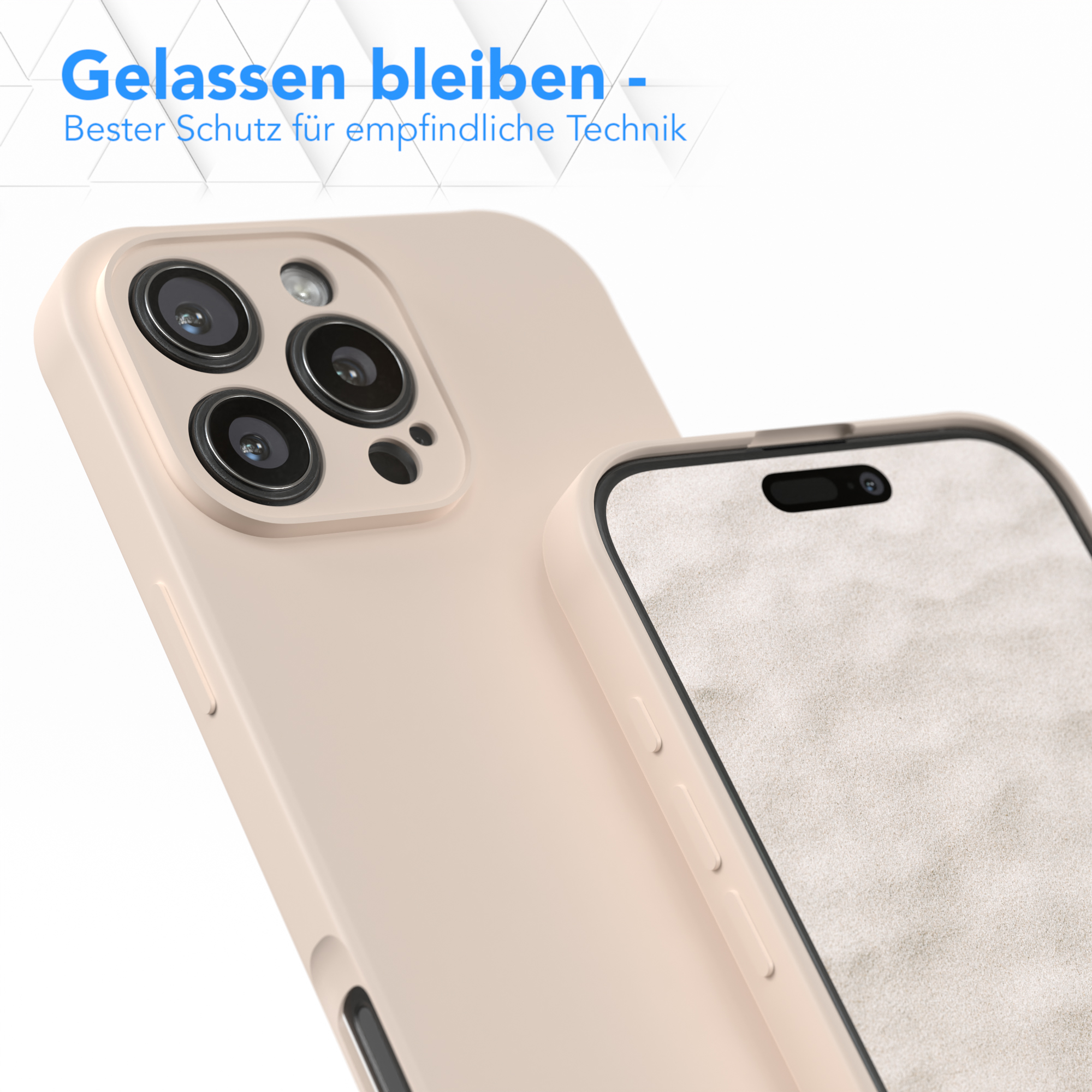 Beige Handyhülle auf einem beigen Telefon mit Kamera. Der Hintergrund ist verschwommen.