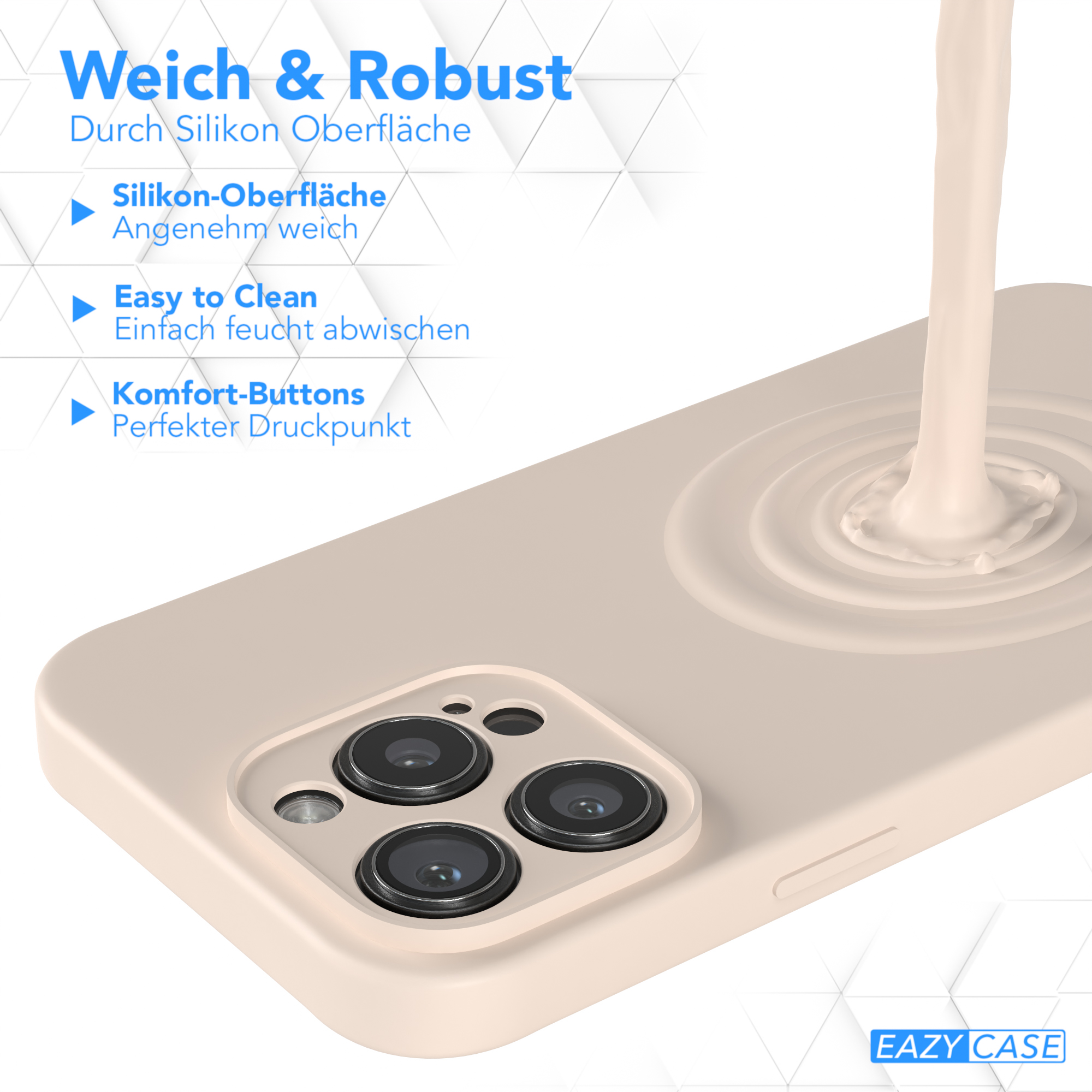 Handyhülle, Flüssigkeit wird gegossen. Die Hülle ist beige, mit einem schlanken, modernen Design. Eazy Case Logo unten.