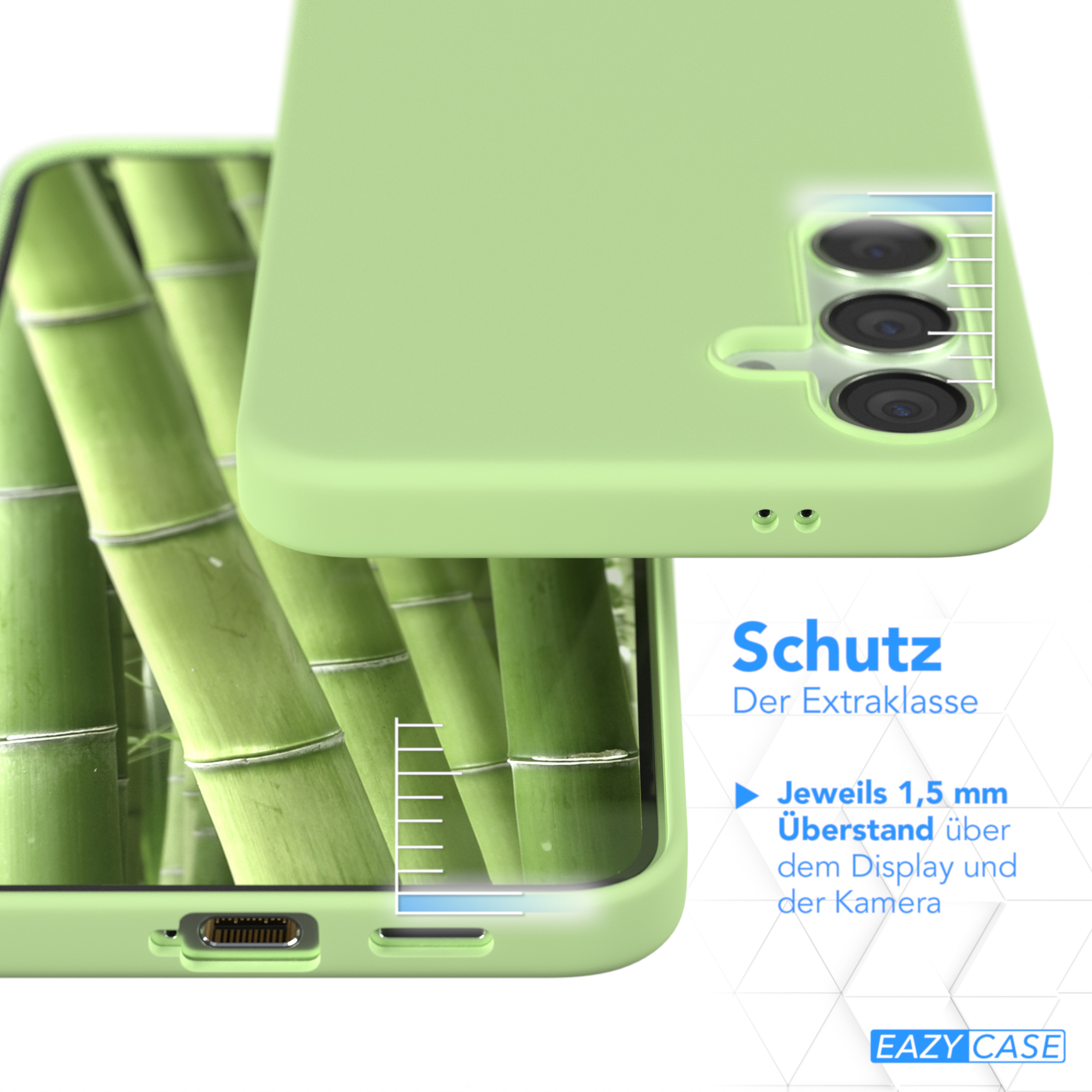 Eine grüne Handyhülle mit einem Telefon darin und Bambus im Hintergrund. Text sagt 'Schutz' und 'Eazy Case'.