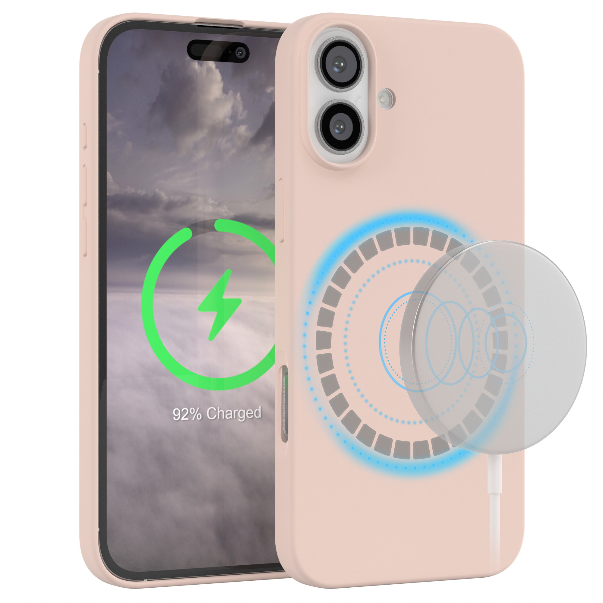 Rosa Handyhülle mit Telefon und Ladegerät. Das Telefon zeigt ein 92% geladenes Zeichen.
