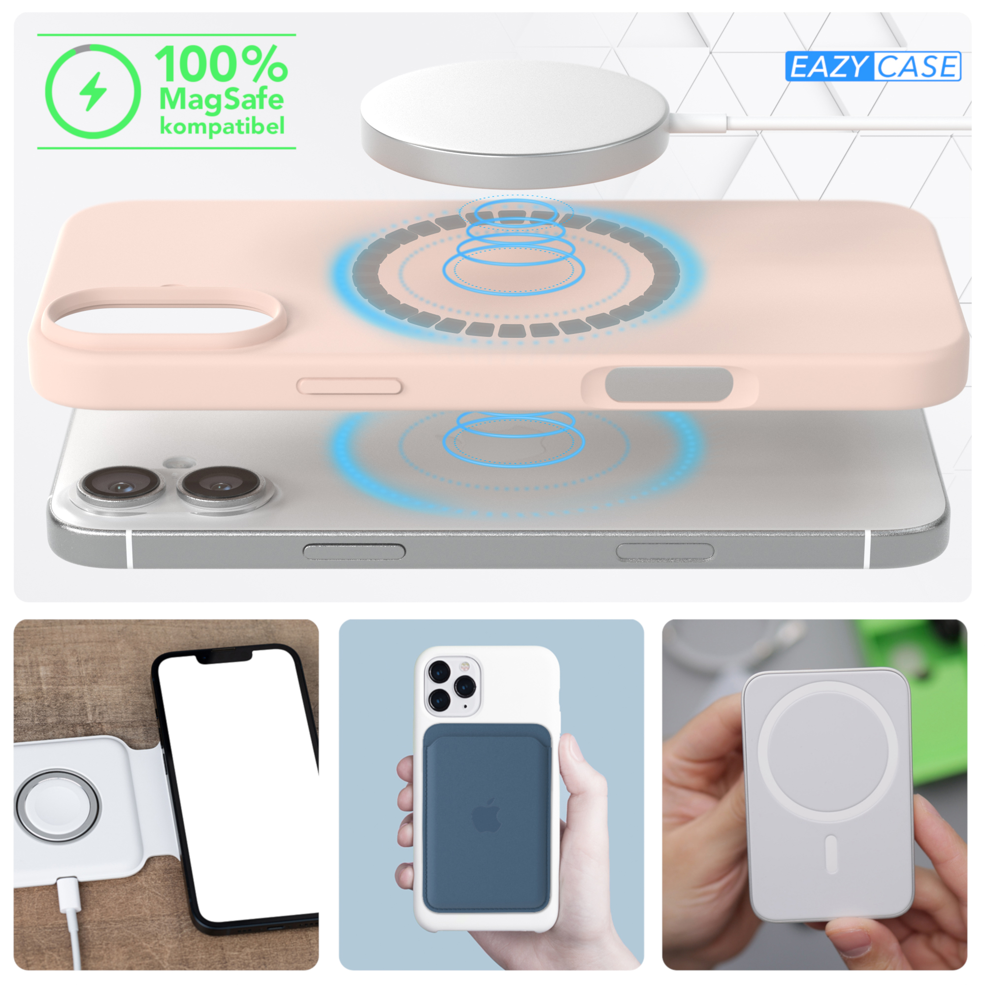 Handyhülle mit Telefon und Ladegerät. Anzeigen zeigen MagSafe-Kompatibilität.