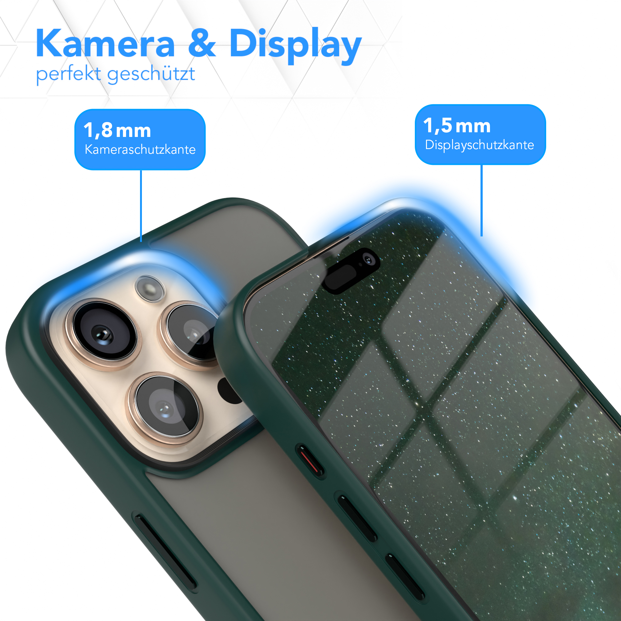 Nahaufnahme von zwei Telefonen, eines mit dunkelgrüner Hülle, zeigt Kamera und Display.