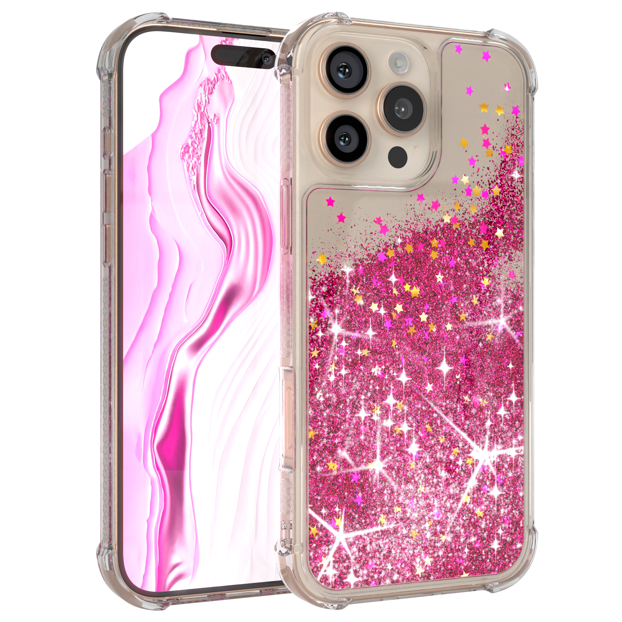Handyhülle mit rosa Glitzer und Telefon mit mehreren Kameras.