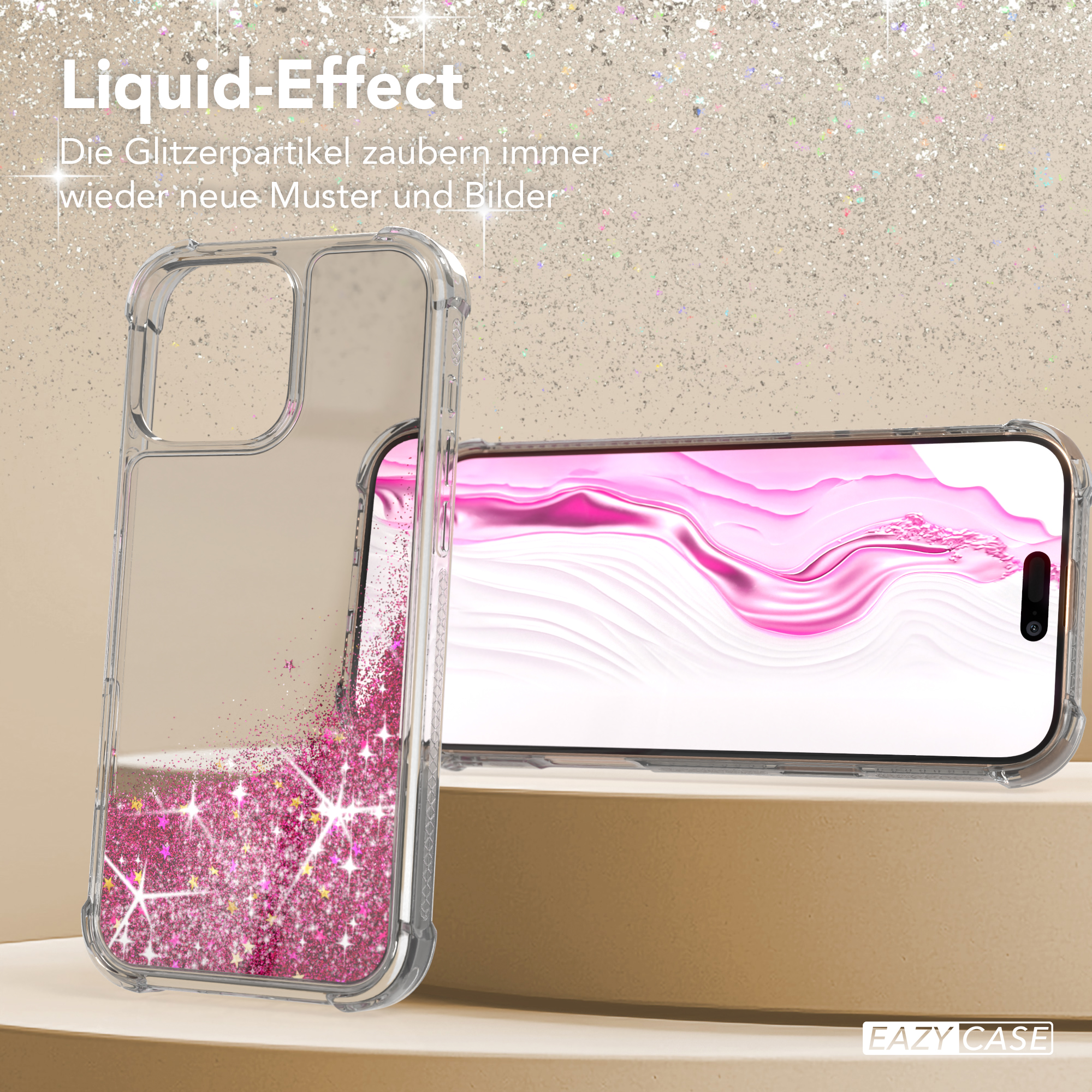 Ein Telefon in einer transparenten Hülle mit rosa Glitzer. Die Hülle steht vor Glitzer.