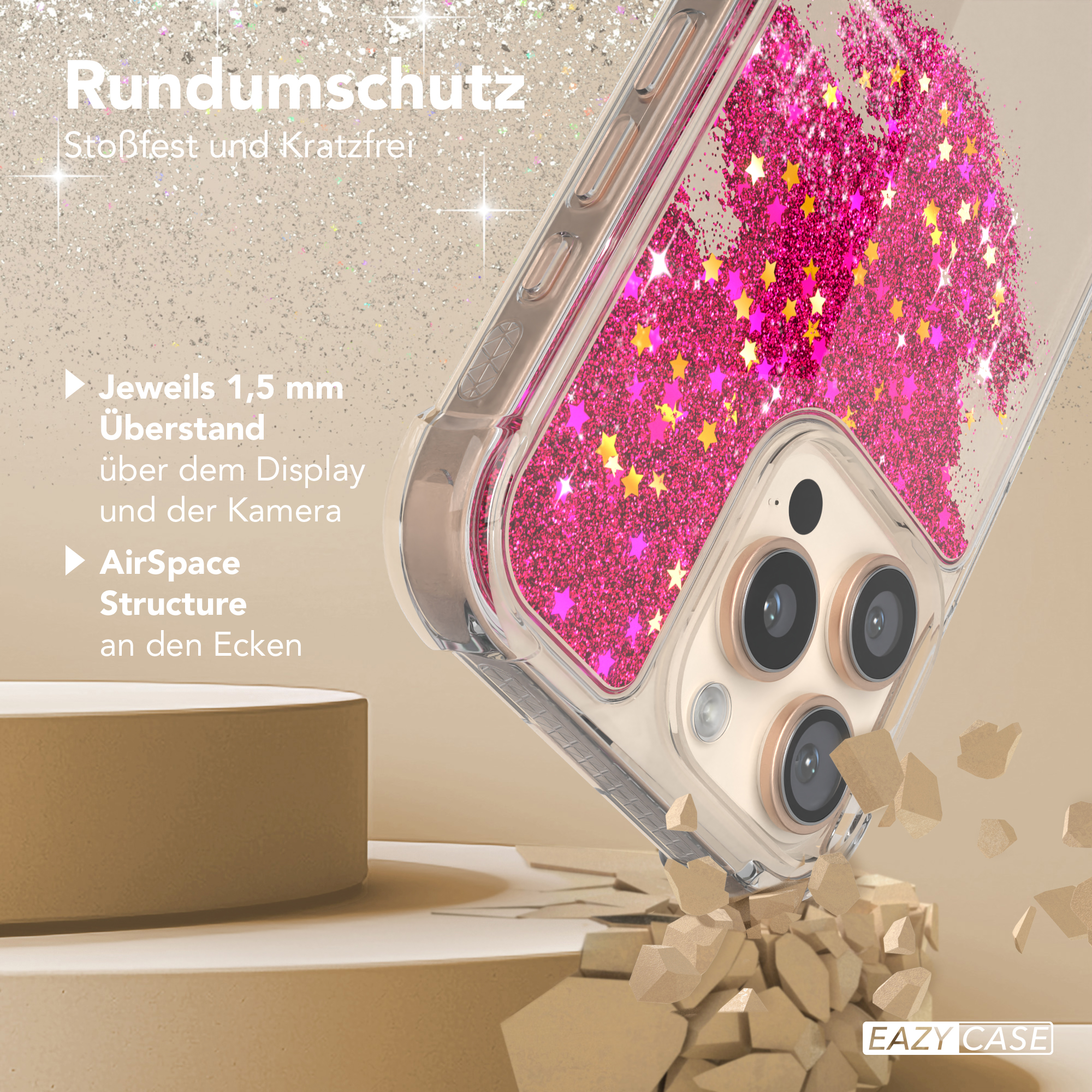 Handyhülle mit rosa Glitzersternen, Rissbodeneffekt. Nahaufnahme.
