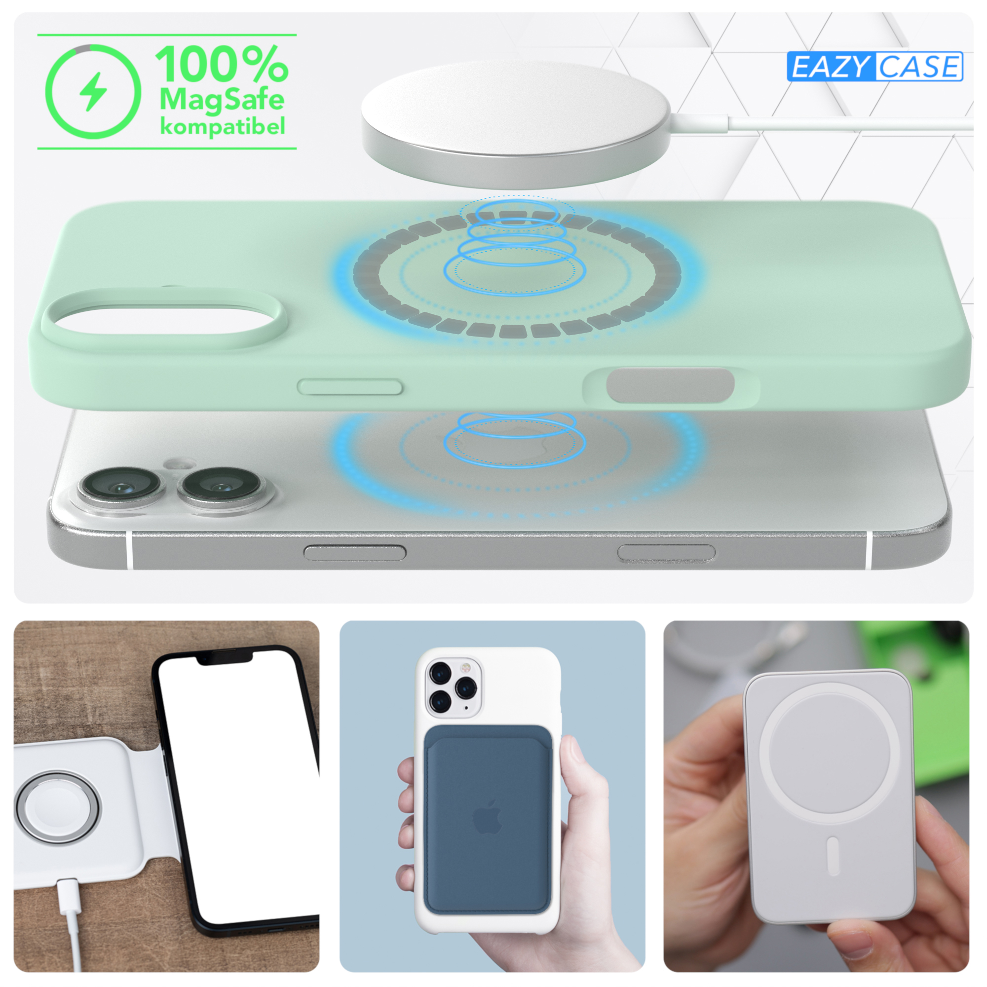 Mehrere Bilder einer Handyhülle mit einem Telefon, einem kabellosen Ladegerät und einem MagSafe-Ladegerät.