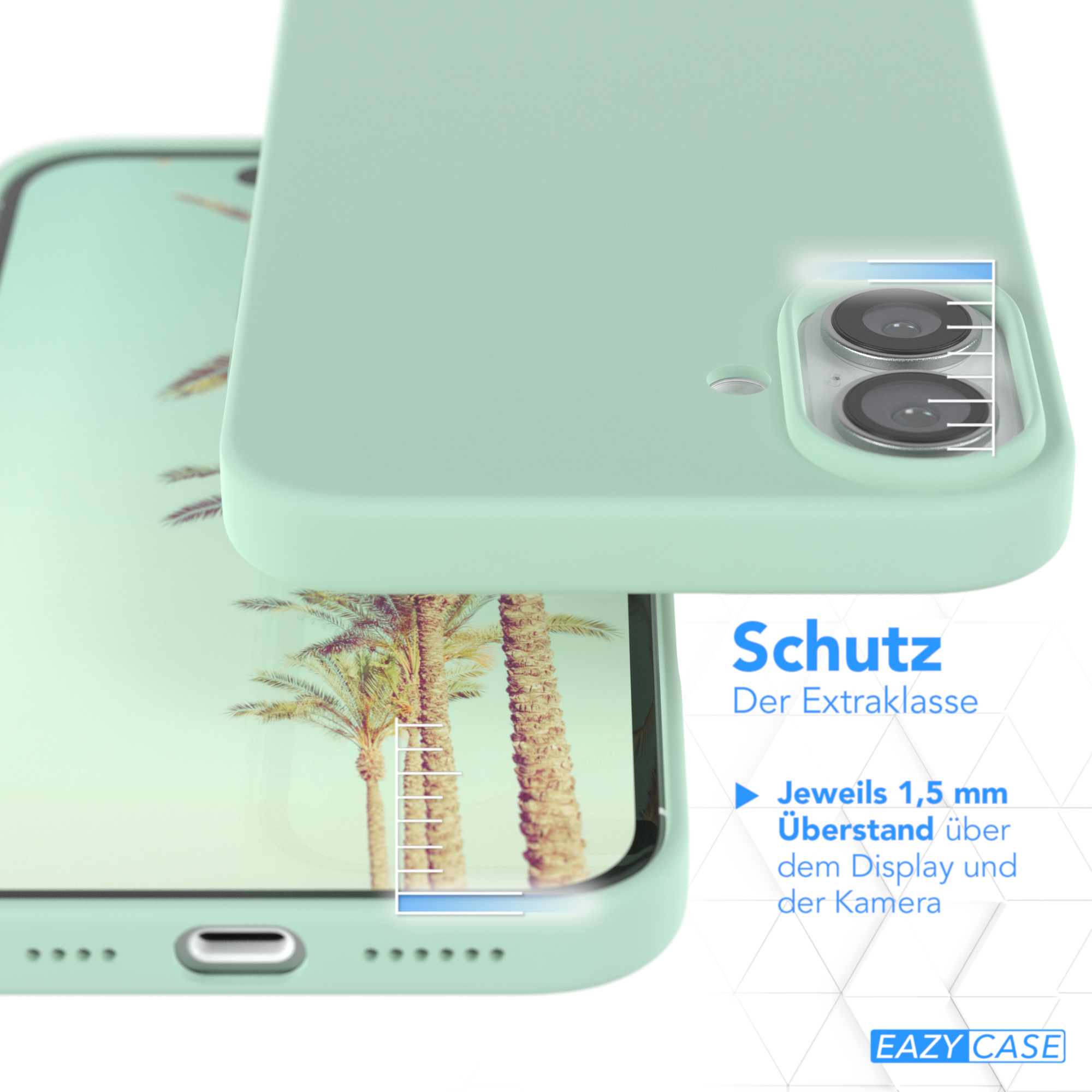 Nahaufnahme einer Handyhülle mit einem Displayschutz-Design. Das Design zeigt eine Palme.