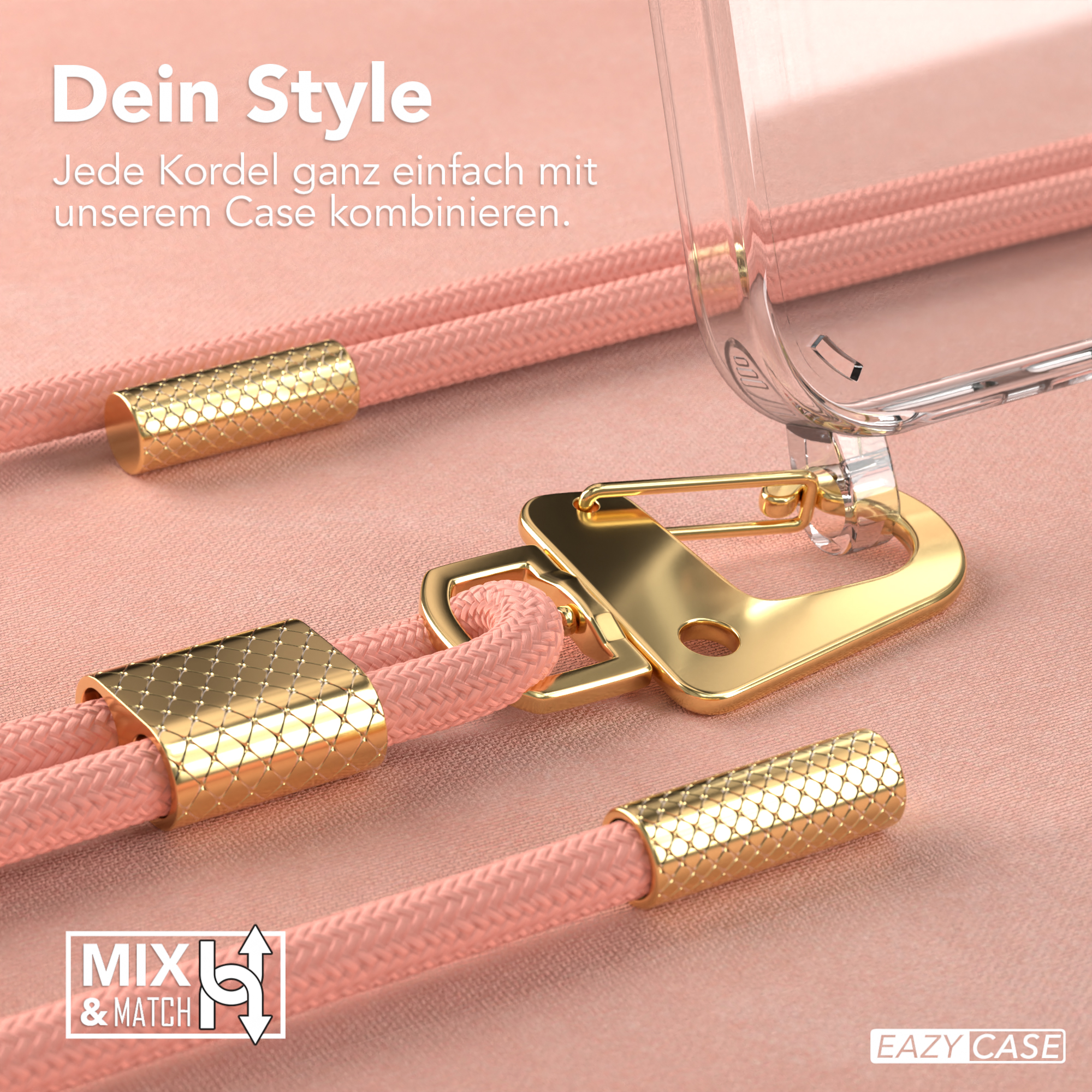 Nahaufnahme einer Handyhülle mit rosa Kordel, goldenem Verschluss und Mix & Match-Grafik.