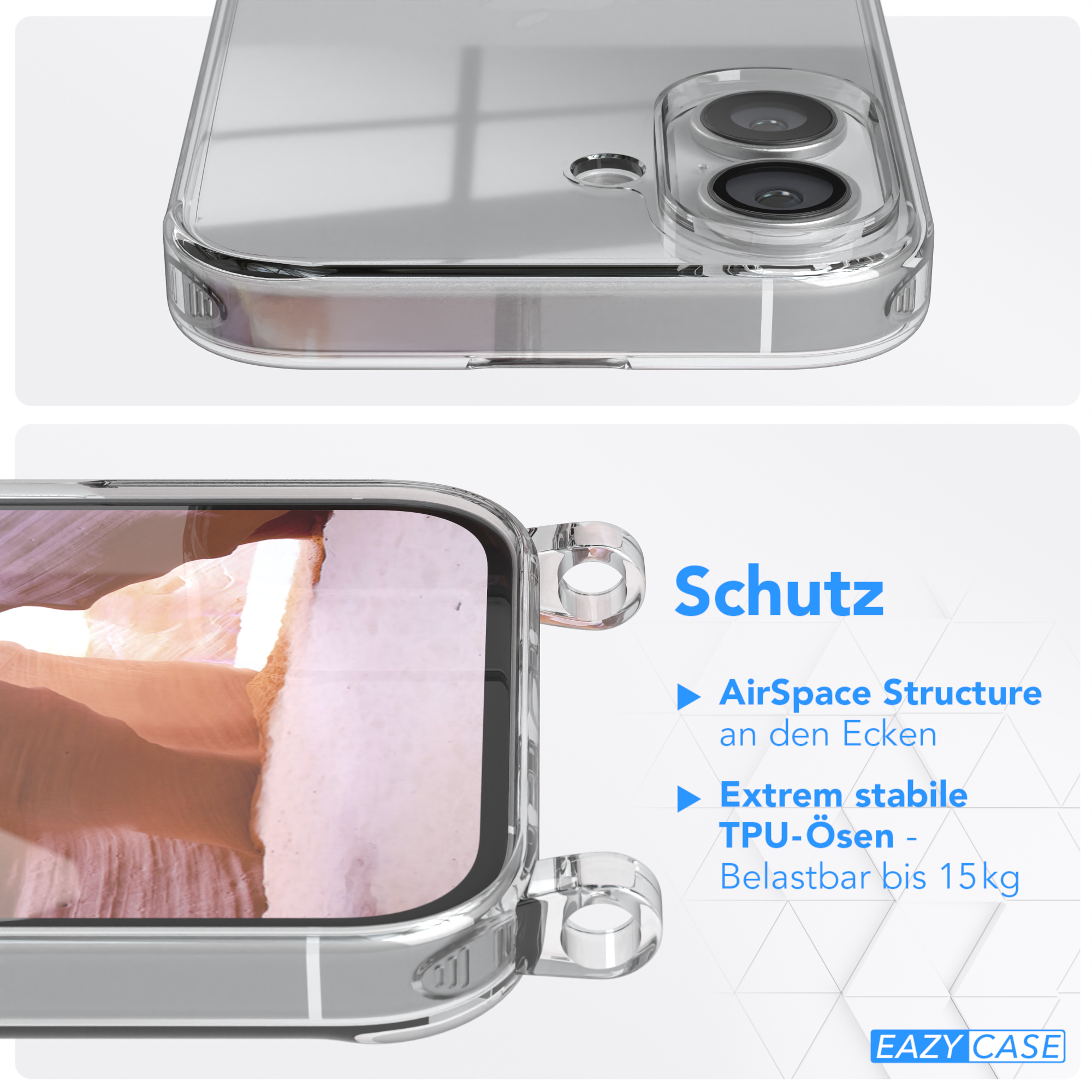 Eine transparente Handyhülle mit einem Telefon darin. Die Hülle zeigt die Seiten und die Oberseite des Telefons.