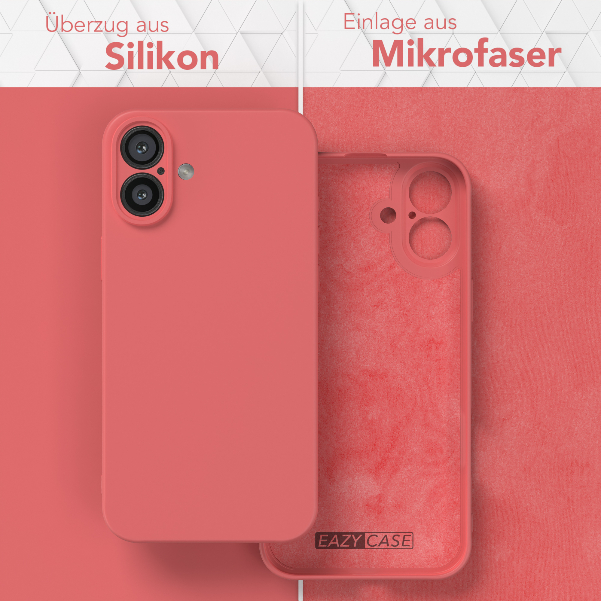 Zwei Handyhüllen, eine mit dem Telefon, eine leer. Text über Silikon und Mikrofaser.