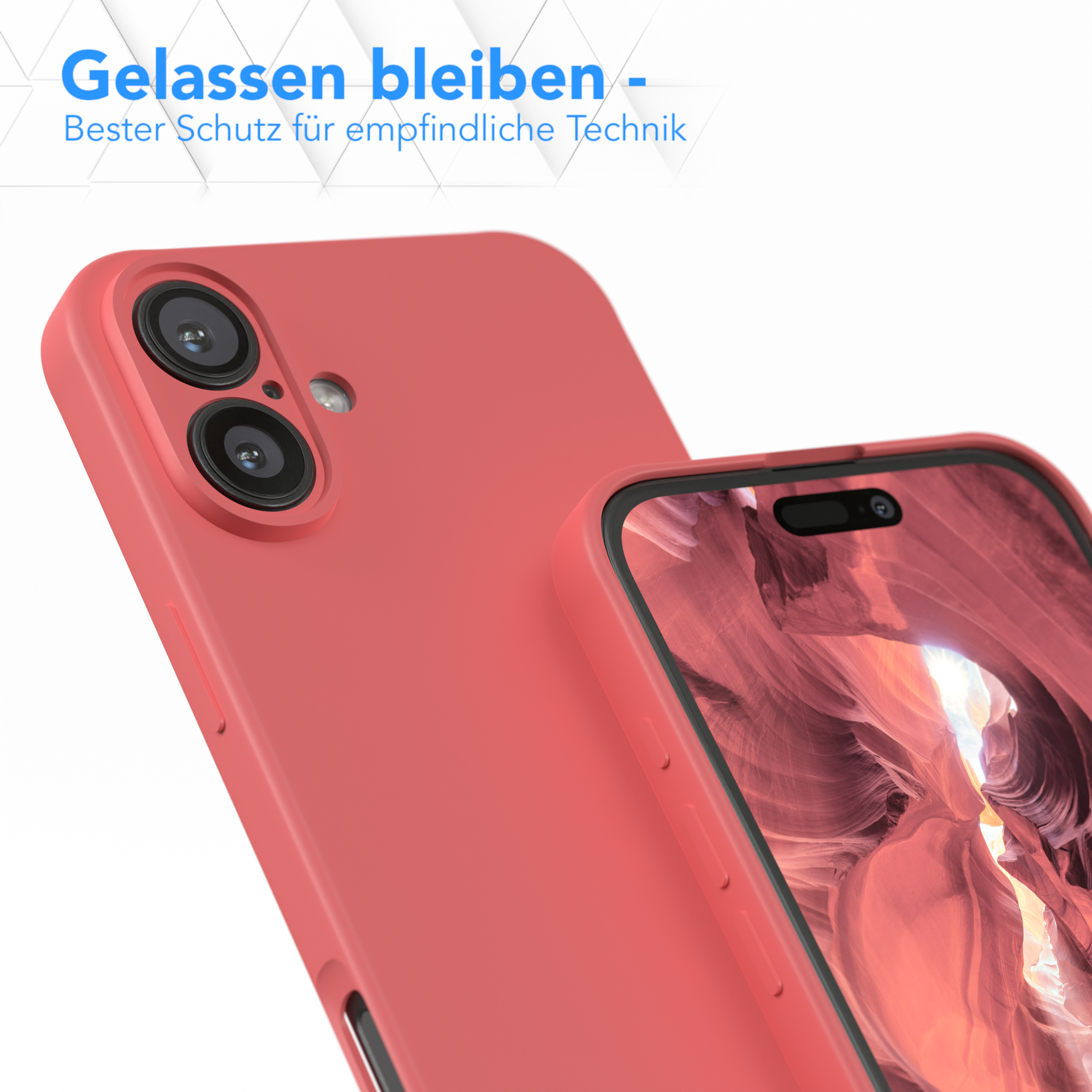 Handyhülle über einem Telefon. Text: Entspannt bleiben - Bester Schutz für empfindliche Technik.