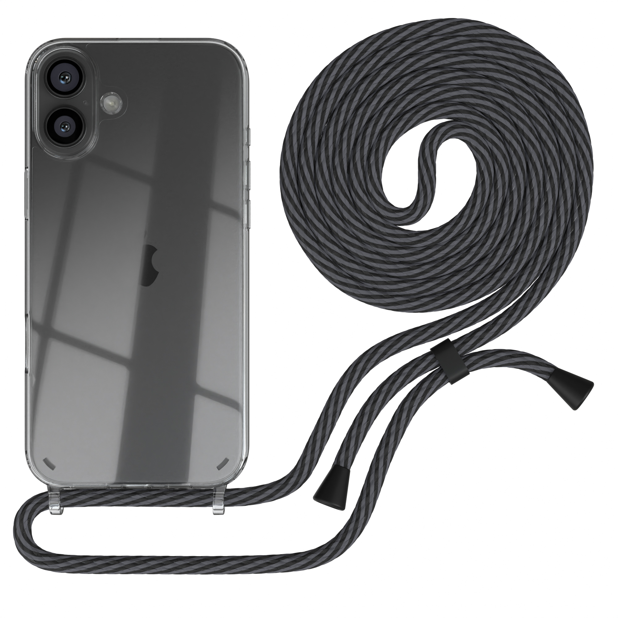 Eine transparente Handyhülle mit einem schwarz-grauen Band auf weißem Hintergrund.