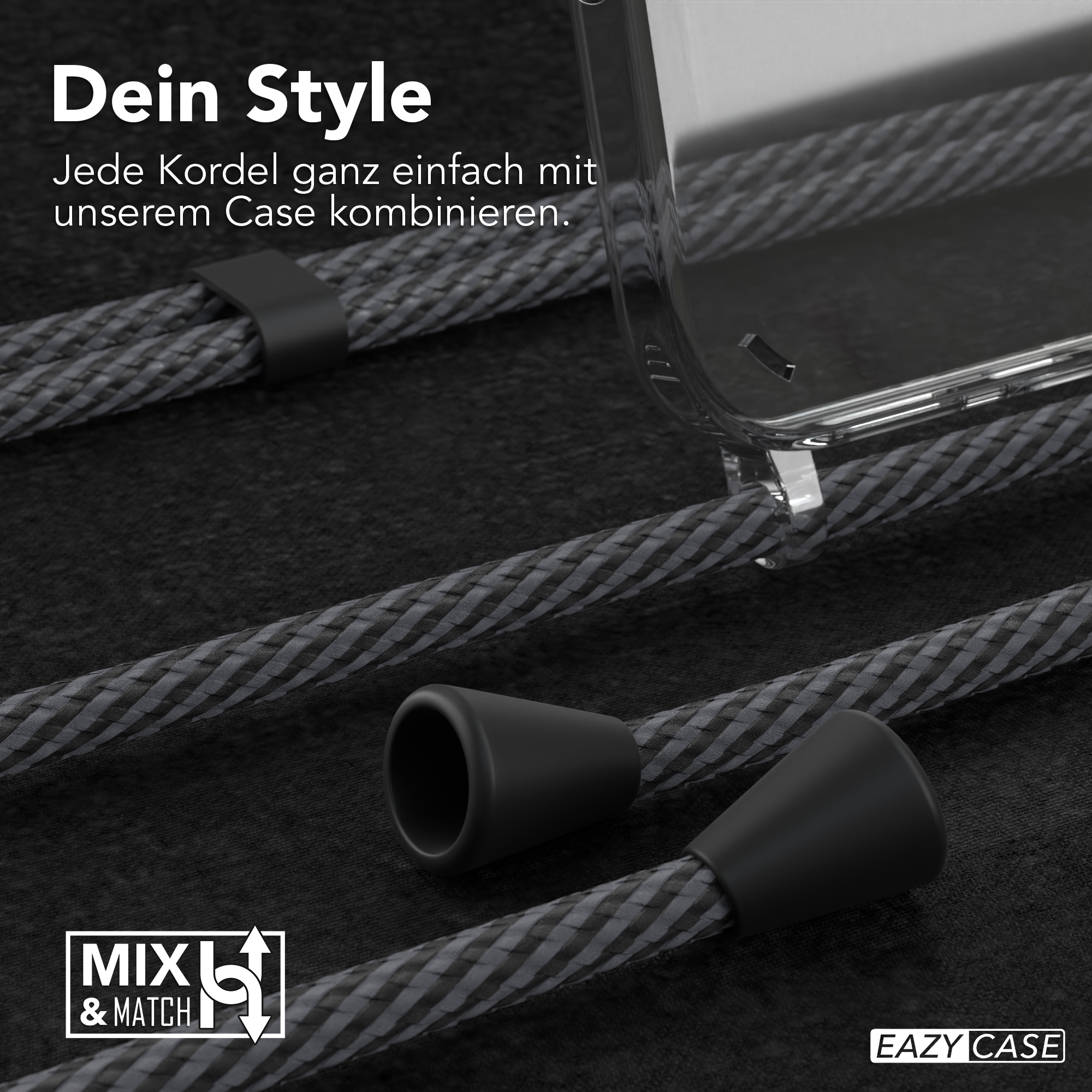 Nahaufnahme einer Handyhülle und eines Kabels. Die Hülle ist transparent, das Kabel grau.