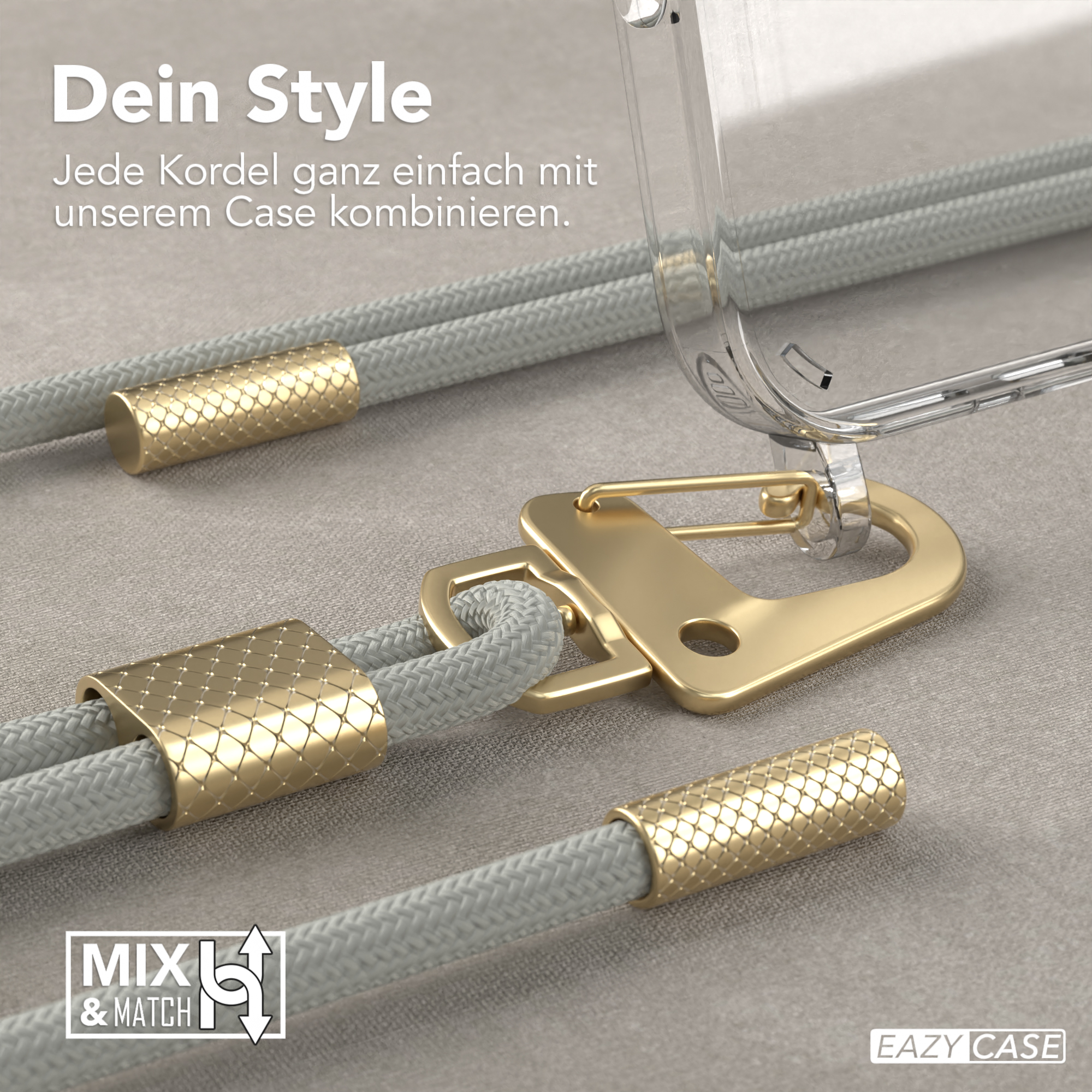 Eine Handyhülle mit goldenem Verschluss und grauem Umhängeband. Die Hülle hat eine transparente Rückseite.