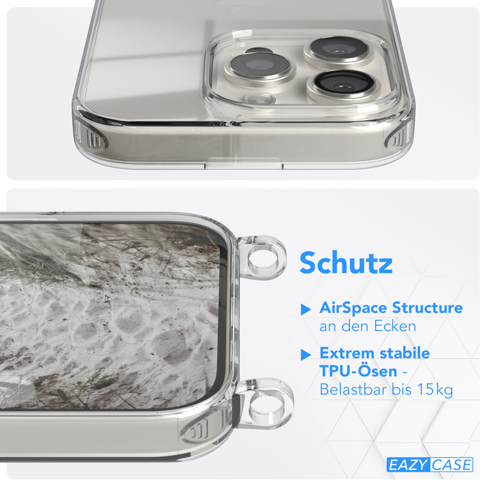 Ein durchsichtiges Handy-Case im Nahaufnahme mit Text 'Schutz' und Eigenschaften.