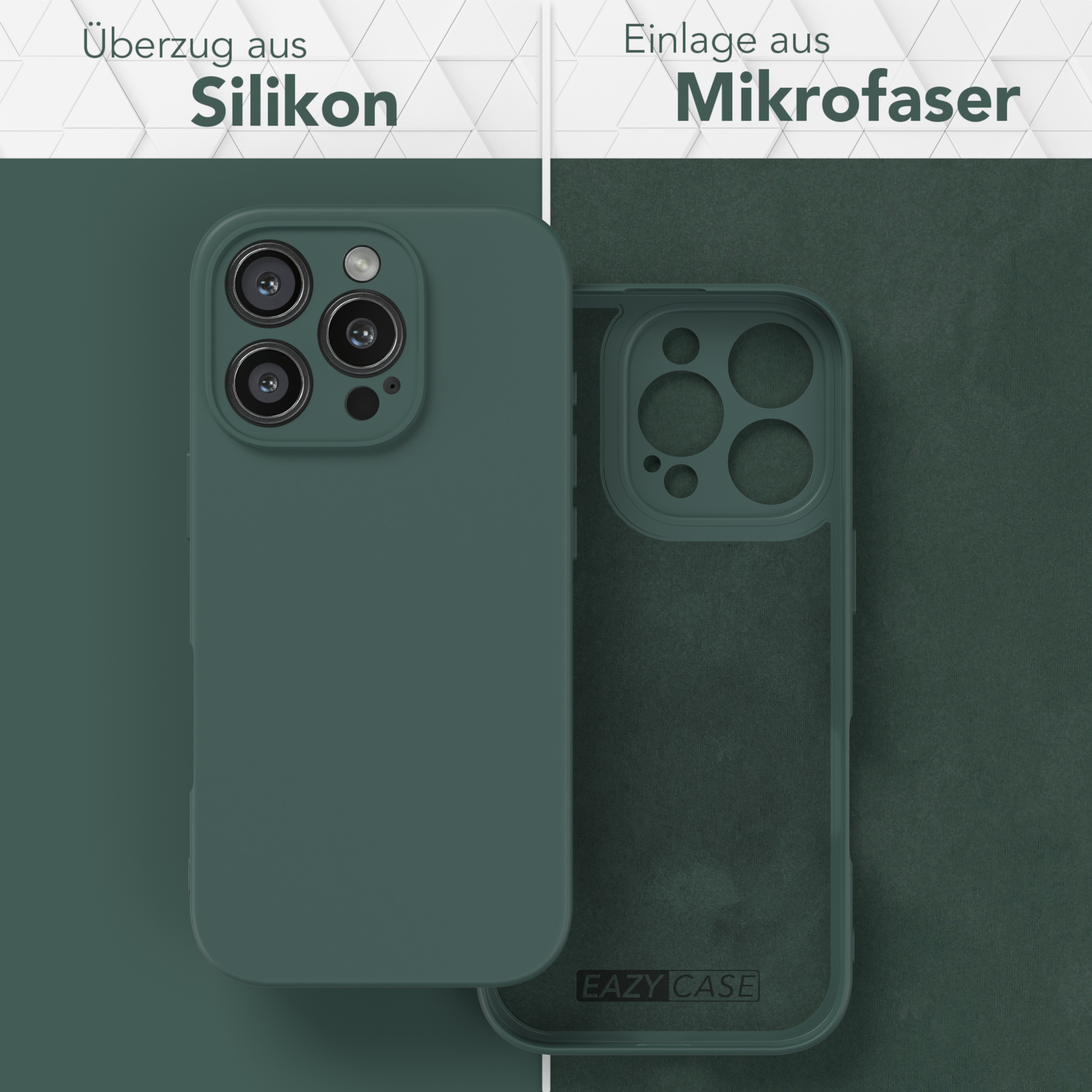 Handyhüllen. Eine ist dunkelgrün, eine ist transparent und eine ist in der Farbe Grün.