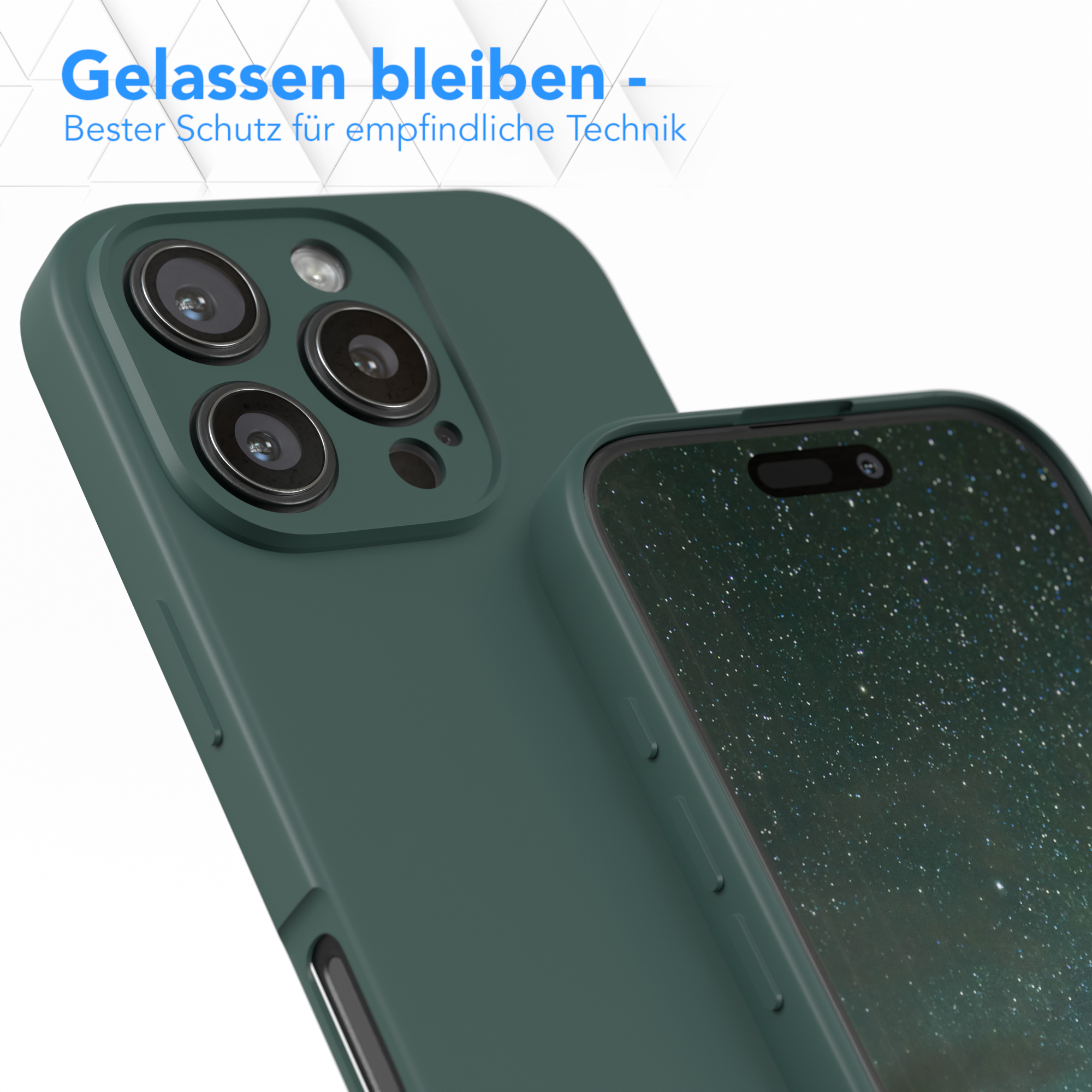 Eine grüne Handyhülle mit einem Telefon darin. Das Telefon zeigt einen schwarzen Bildschirm. Die Hülle hat Kameras.