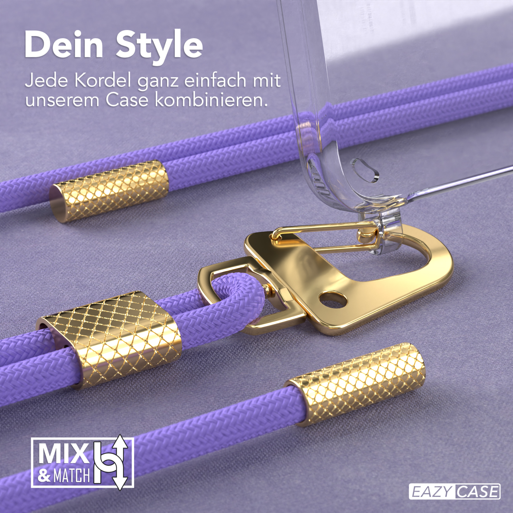 Nahaufnahme einer Handyhülle mit lila Kordel und goldenen Akzenten auf grauer Oberfläche.