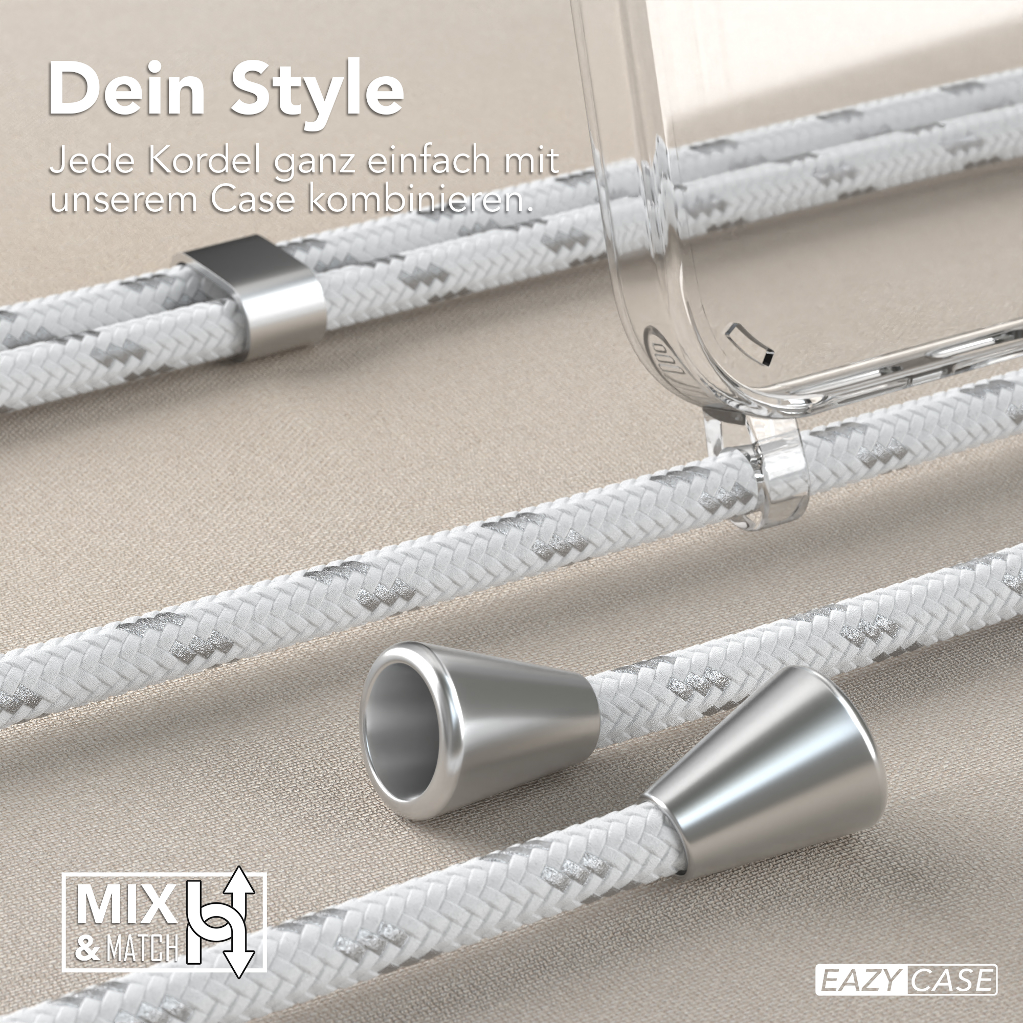 Nahaufnahme einer Handyhülle mit Lanyard-Aufsätzen. Zwei verschiedene Lanyard-Stile werden gezeigt.