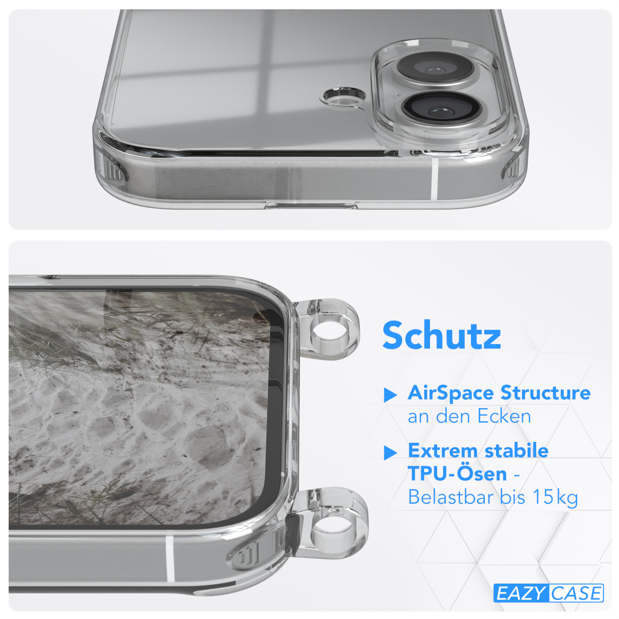 Eine transparente Handyhülle mit einer Strandszene darin. Text sagt 'Schutz' und 'Eazy Case'. Es gibt eine AirSpace-Struktur.