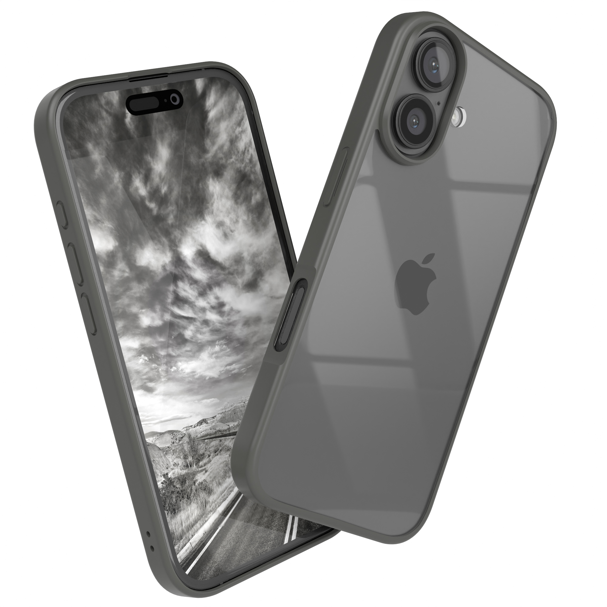 Graue Handyhülle mit Telefon darin. Schwarz-Weiß-Landschaftshintergrund. Weißer Hintergrund.