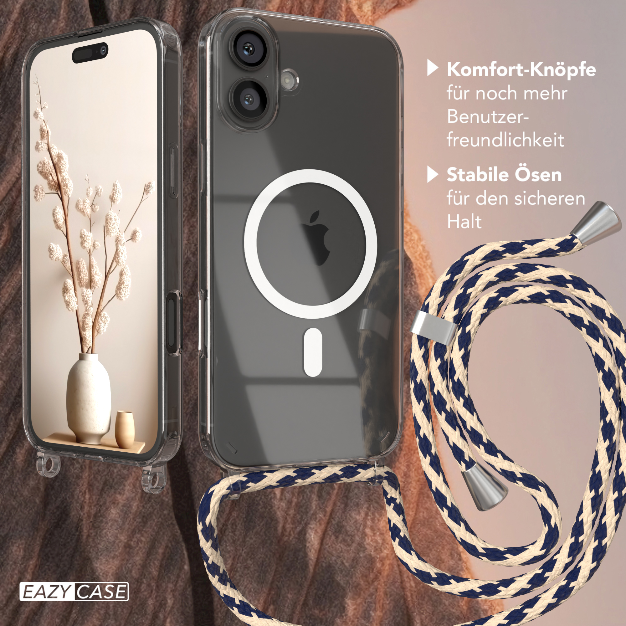 Handyhülle mit einem Telefon und einem Schlüsselband. Eine Vase mit Blumen steht neben dem Telefon.