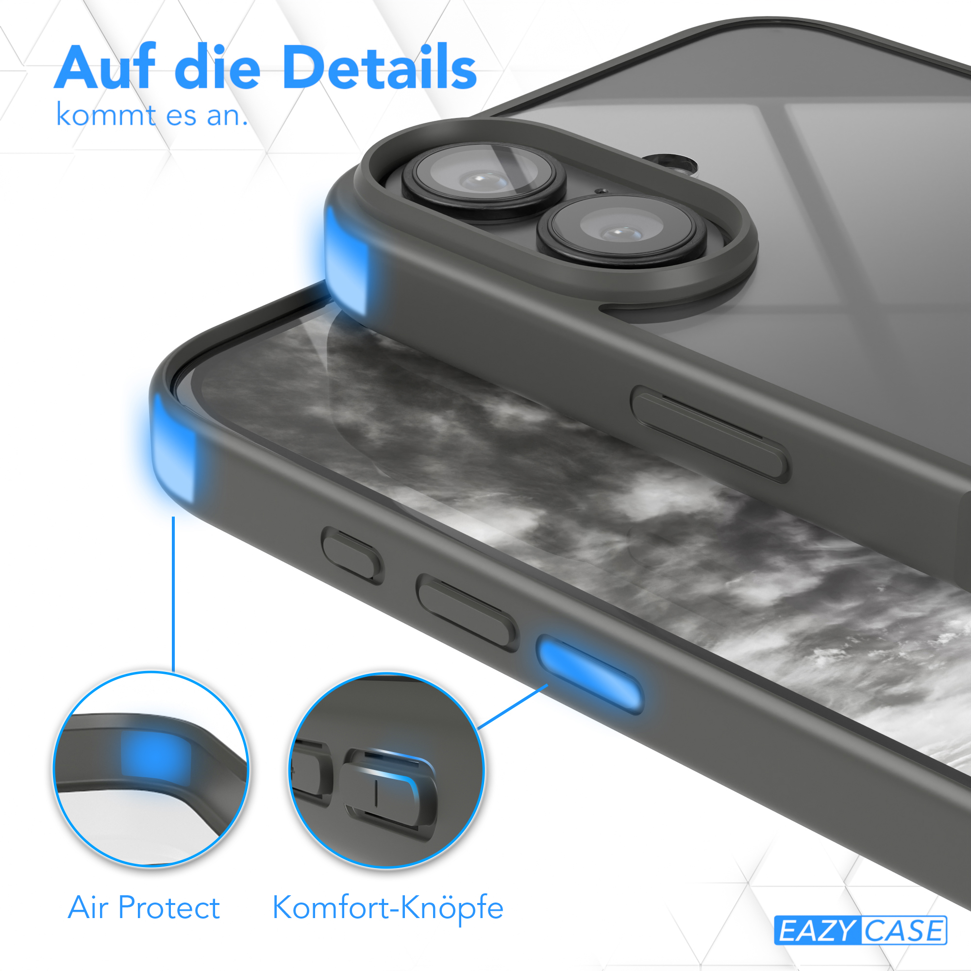 Eine Handyhülle mit einem Telefon darin und zwei Kreisen, die die Funktionen hervorheben.