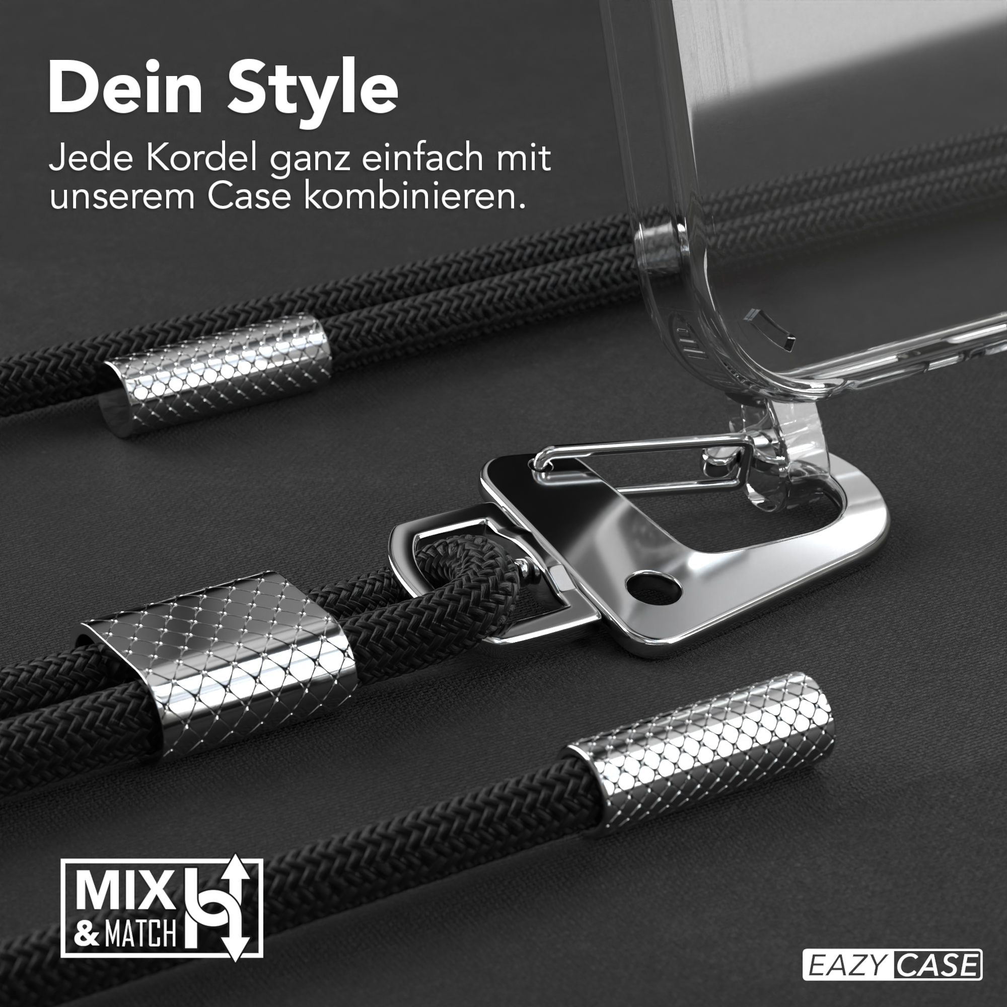 Eine Handyhülle und ein Kabel mit schwarzen Details.