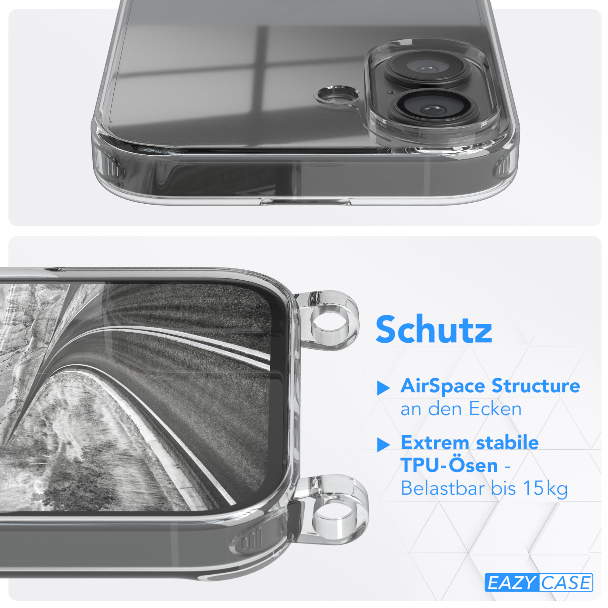 Transparente Handyhülle mit Schutzmerkmalen.