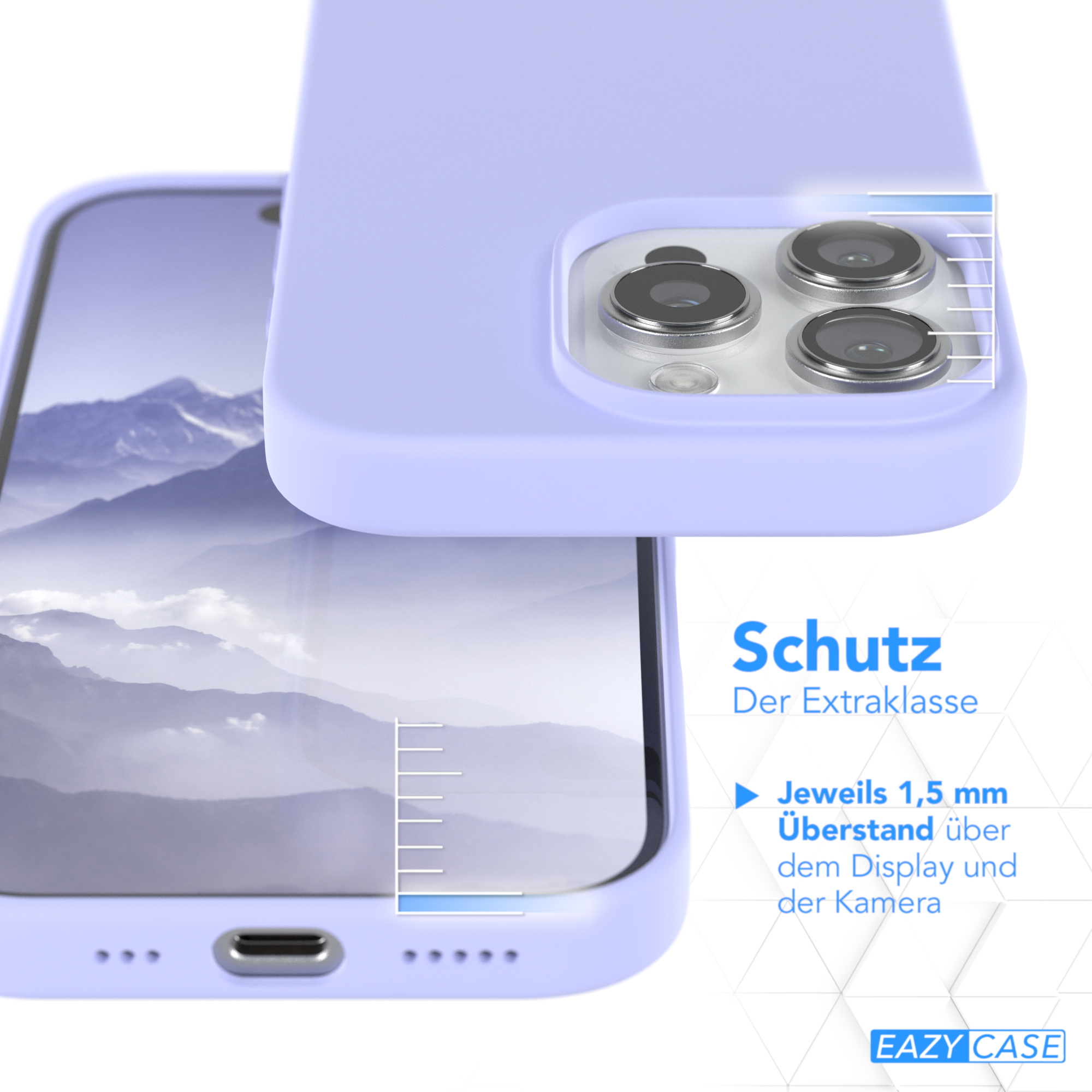 Handyhülle auf dem Telefon. Lilafarbene Hülle auf dem Gerät, zeigt die Kameras.