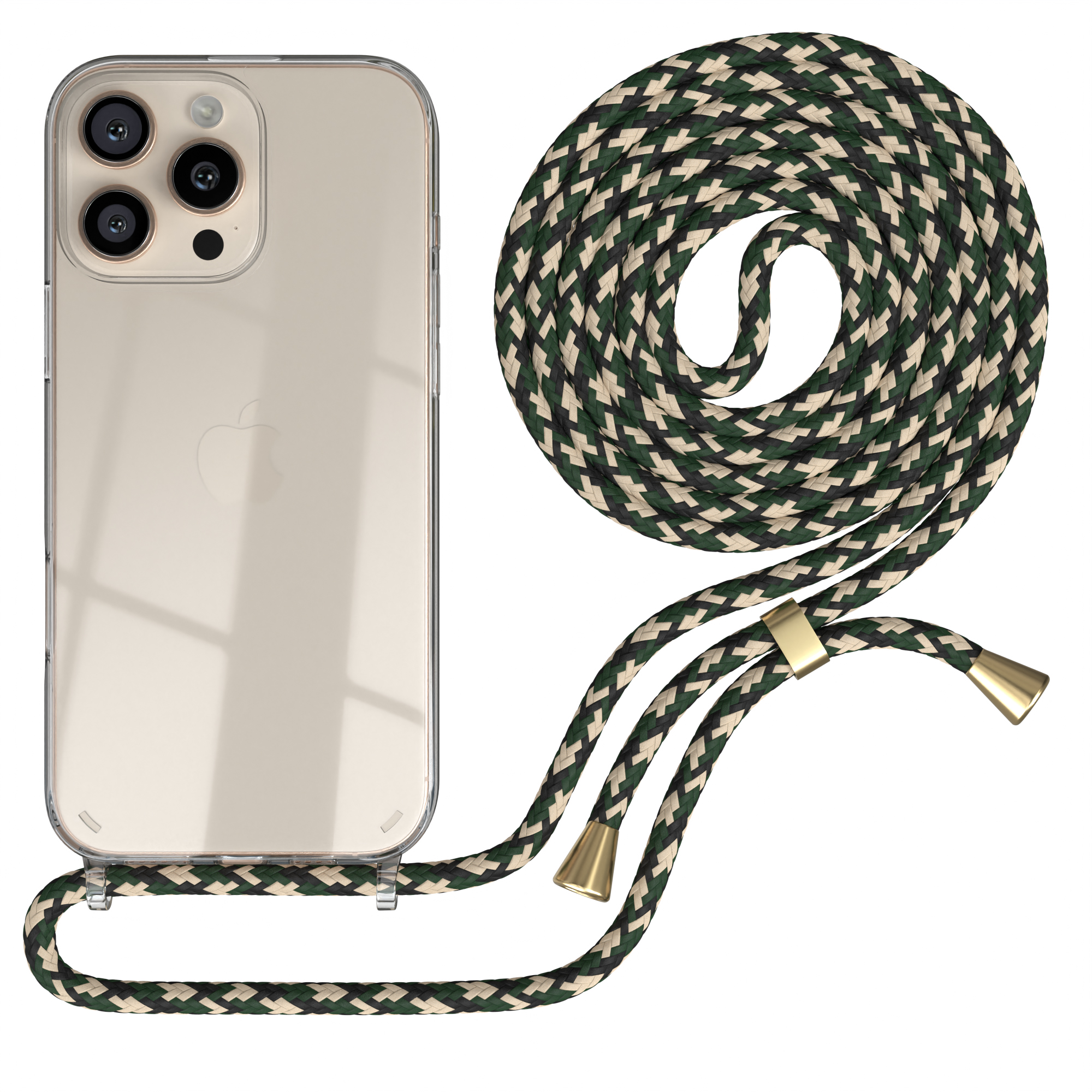 Transparente Handyhülle mit grün-weißem geflochtenem Kordelband. Goldfarbenes Telefon, 3 Kameras.