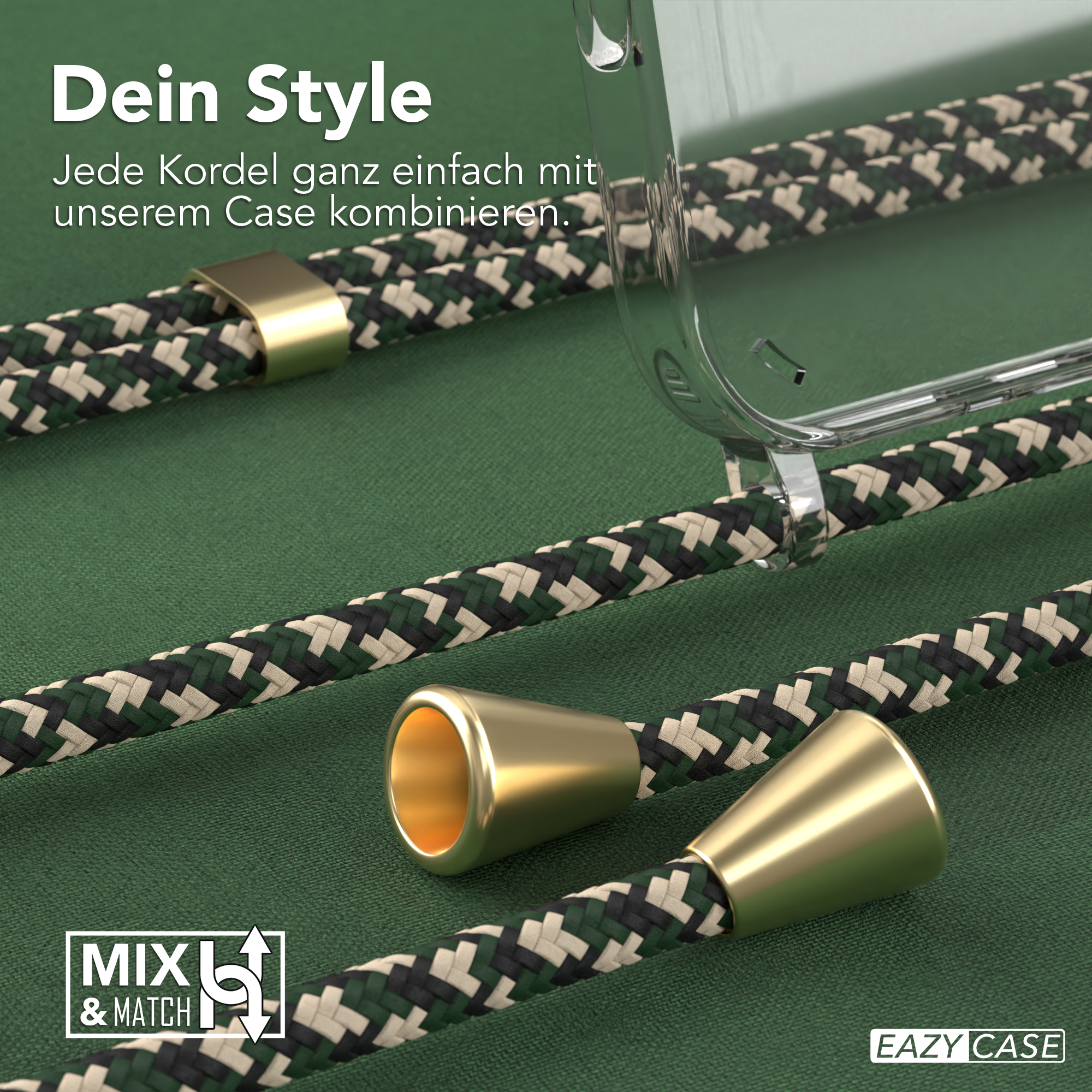 Nahaufnahme von Telefonschnüren mit goldenen Enden. Grün-schwarzes geflochtenes Muster. Text: Dein Style.