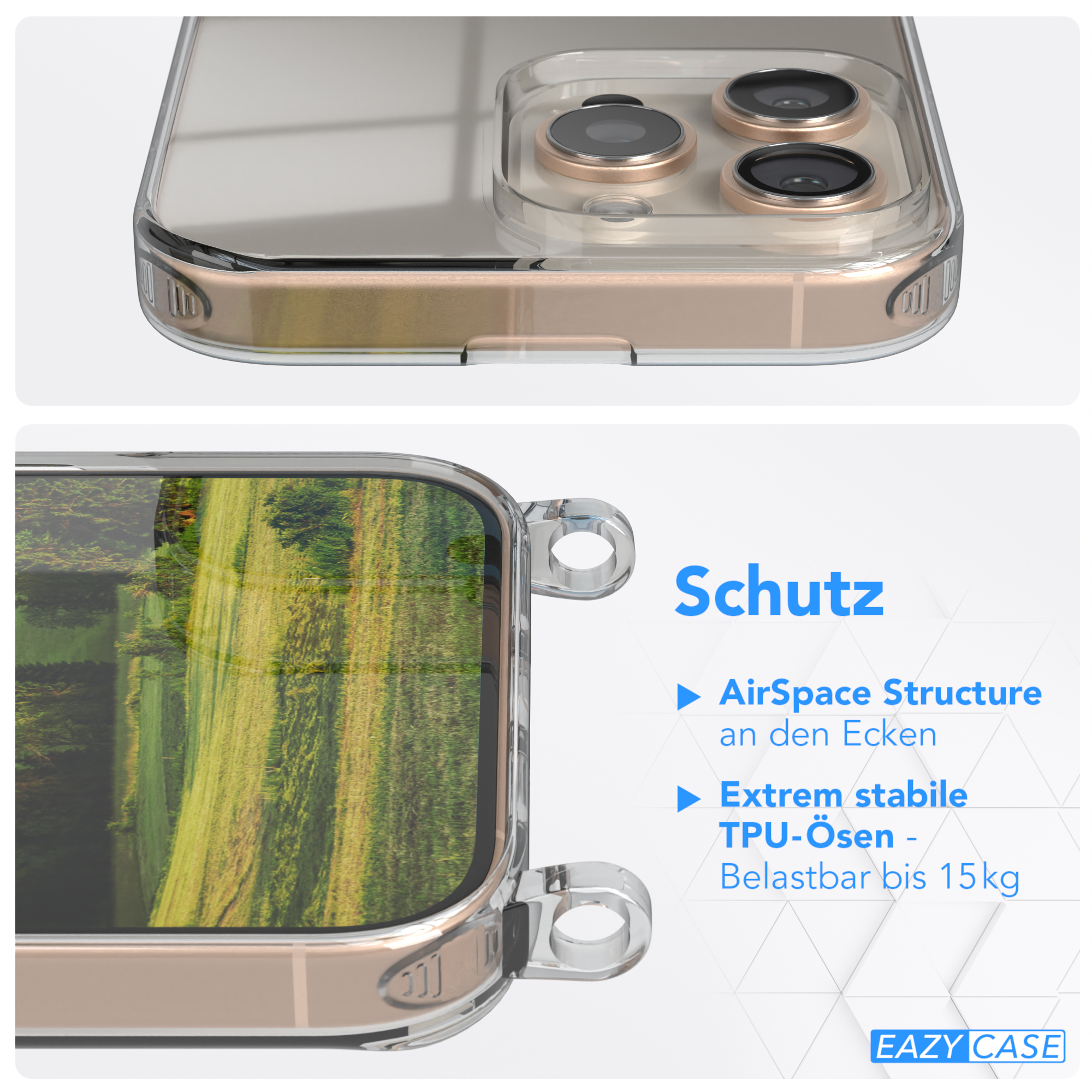 Nahaufnahme einer Handyhülle mit Schutzdesign. Details zu AirSpace-Struktur und TPU-Ösen.
