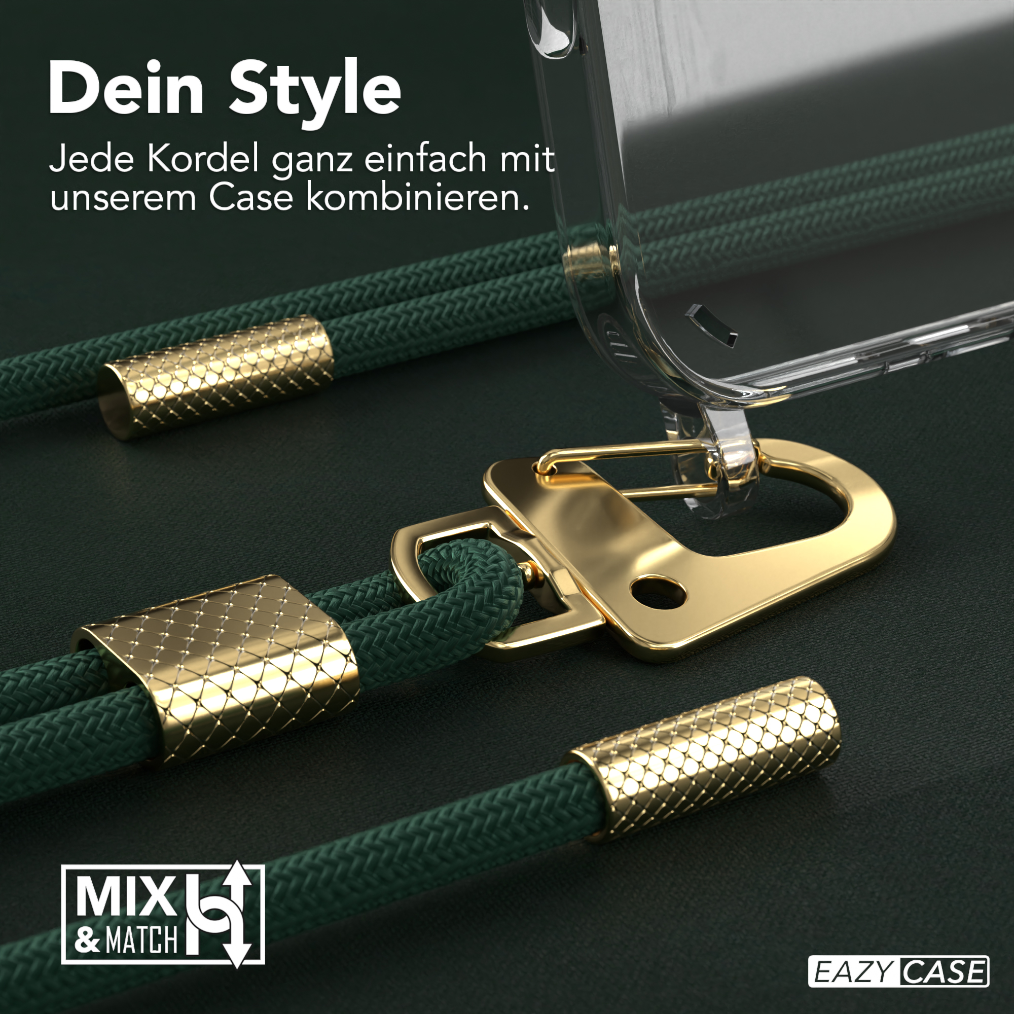 Nahaufnahme einer Handyhülle mit grünem Kordel und goldenen Akzenten. Die Hülle ist durchsichtig.