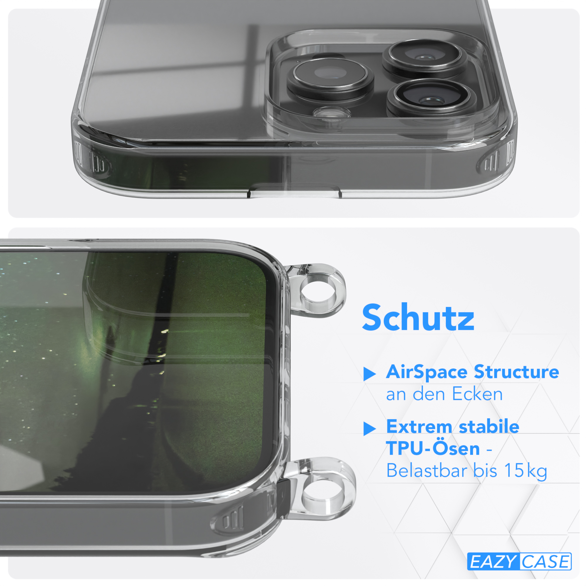 Nahaufnahme einer Handyhülle. Zeigt die Schutzfunktionen: AirSpace-Struktur und TPU-Ösen.