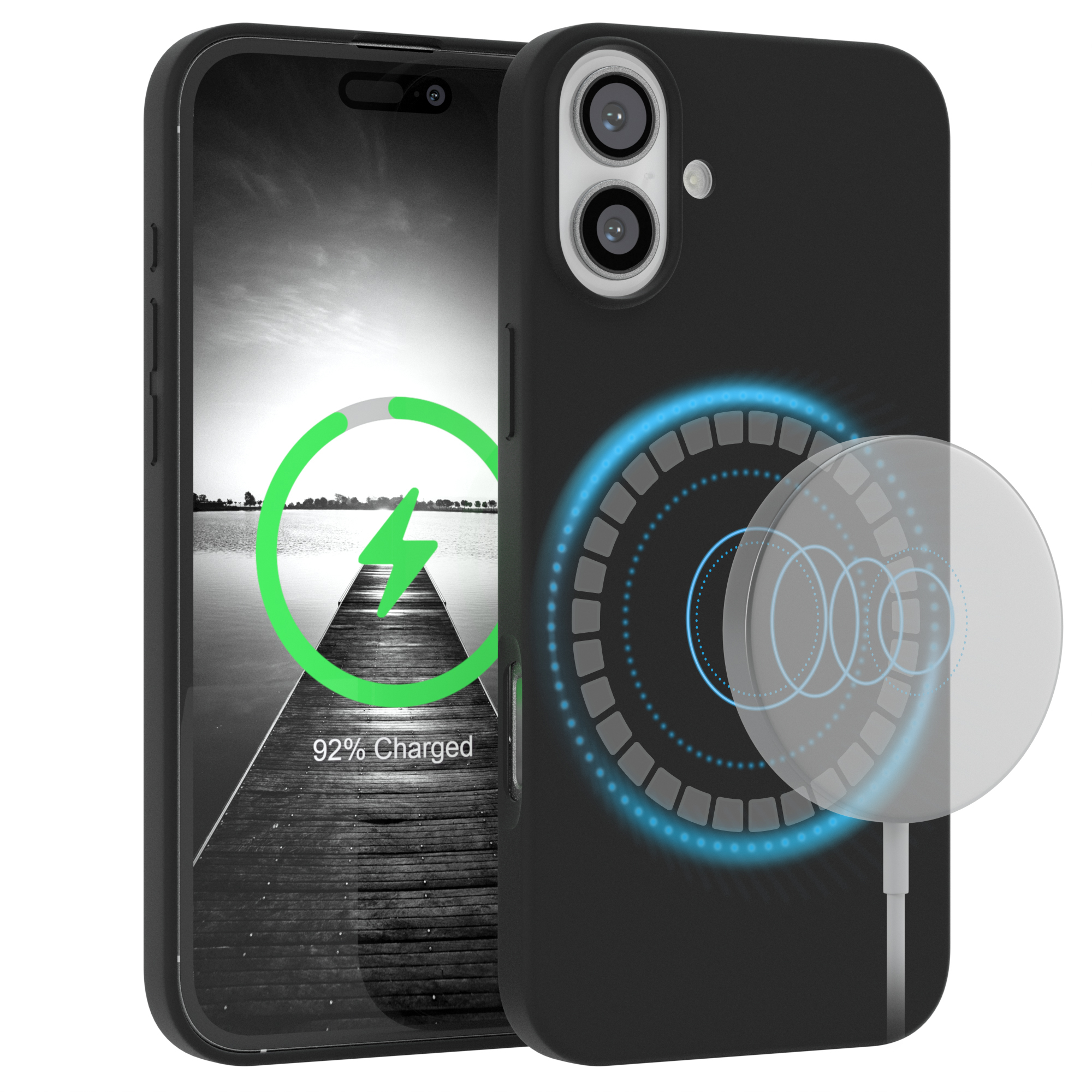 Schwarzes Telefon mit schwarzem Gehäuse. Der Bildschirm zeigt ein Ladesymbol und einen Wasserhintergrund. Ein kabelloses Ladegerät.