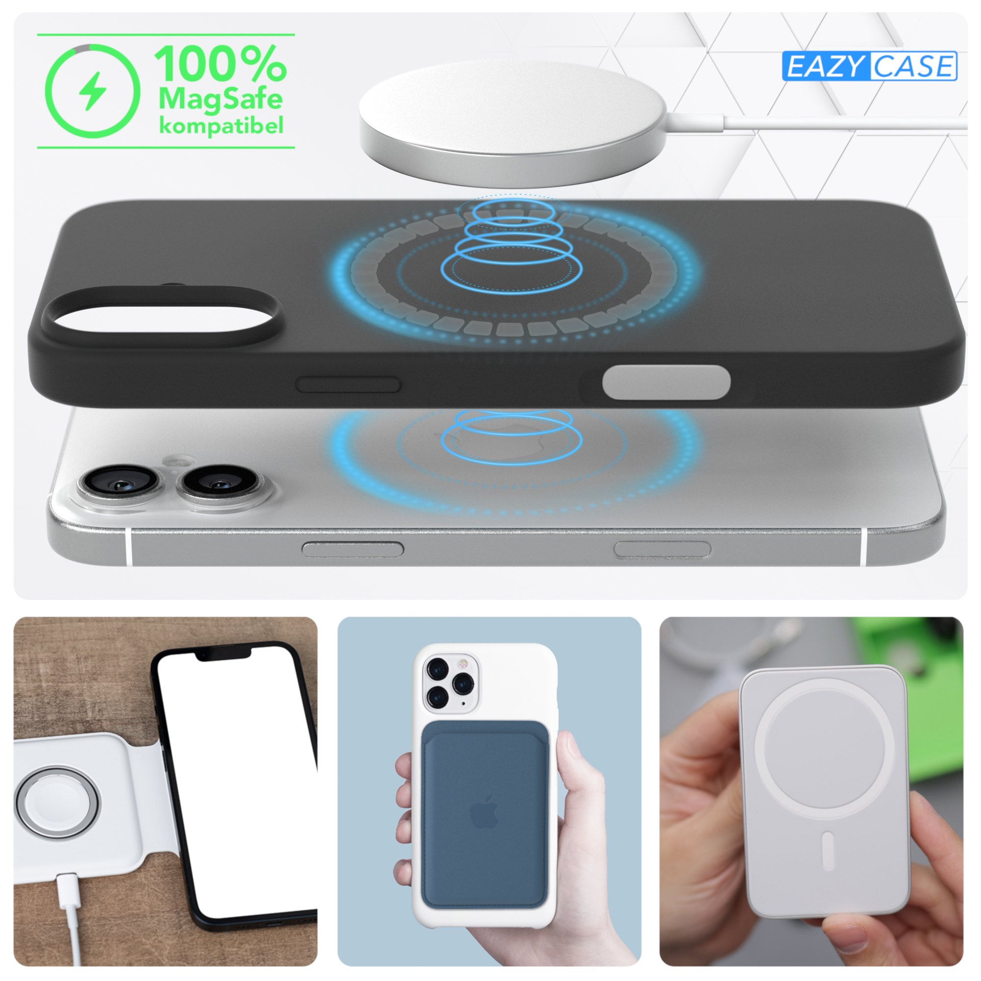 Eine Handyhülle mit einem Telefon darin. Es zeigt die MagSafe-Technologie. Es gibt auch drei verschiedene Hüllen mit Zubehör.