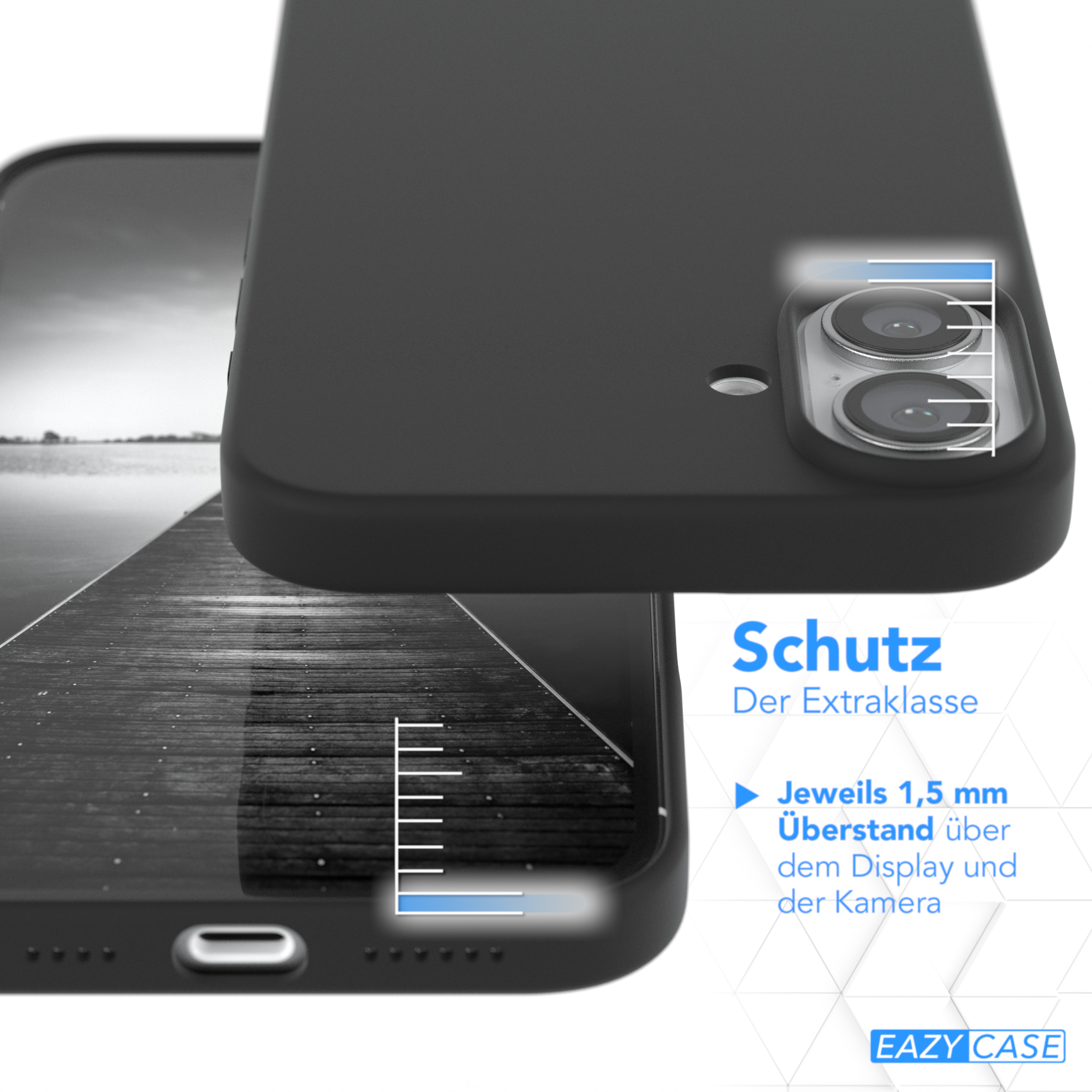 Handyhülle auf einem Telefon. Nahaufnahme. Schwarzer Rahmen. Kamera- und Bildschirmschutz.