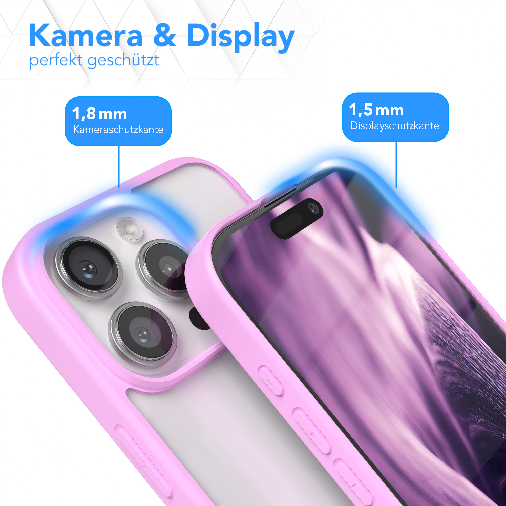 Zwei Telefone in Hüllen, eines rosa, eines klar. Die rosa Hülle zeigt 1,8 mm erhöhte Kanten, die klare Hülle 1,5 mm.