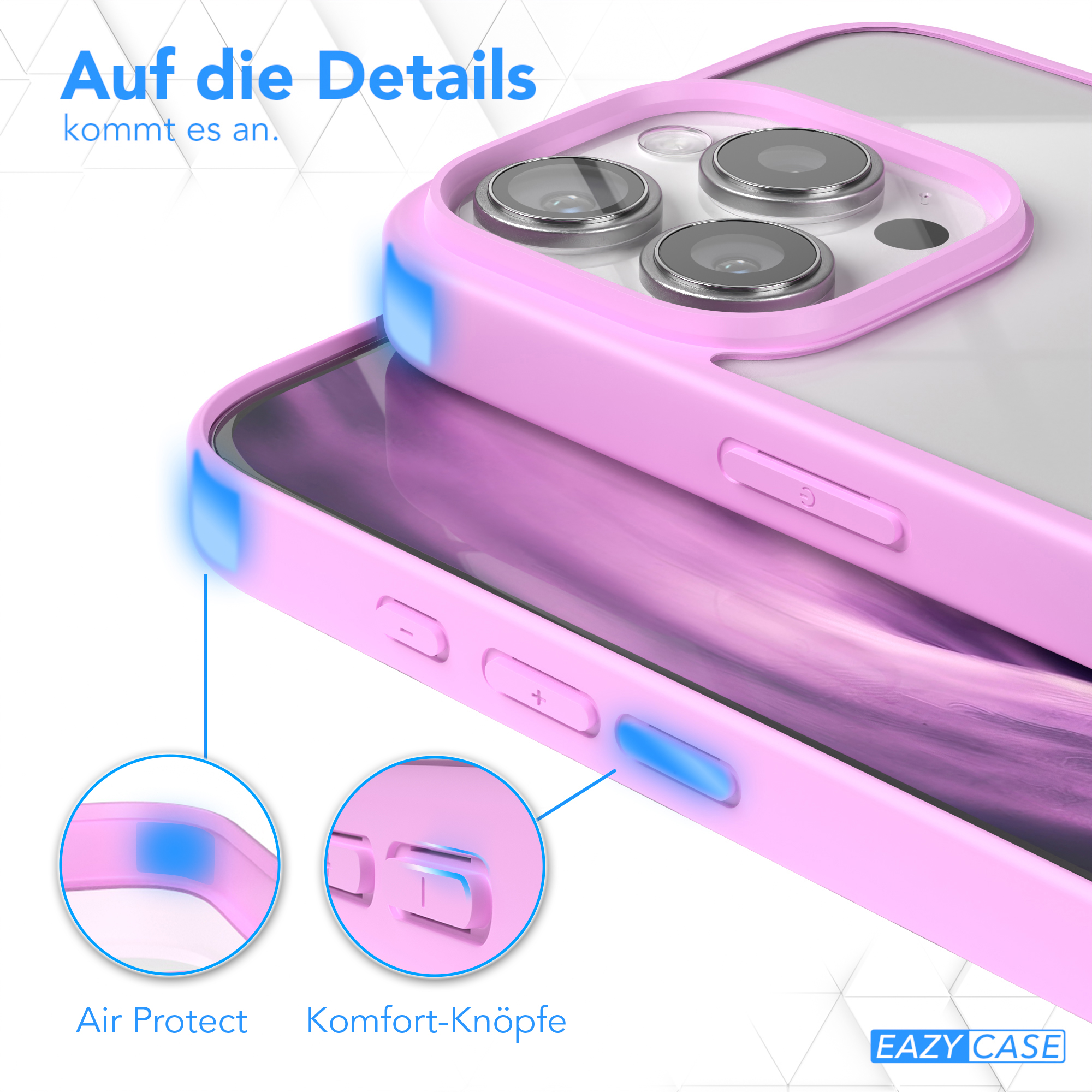 Nahaufnahme einer Handyhülle mit rosa Rahmen, die den Luftschutz und die Komforttasten hervorhebt.