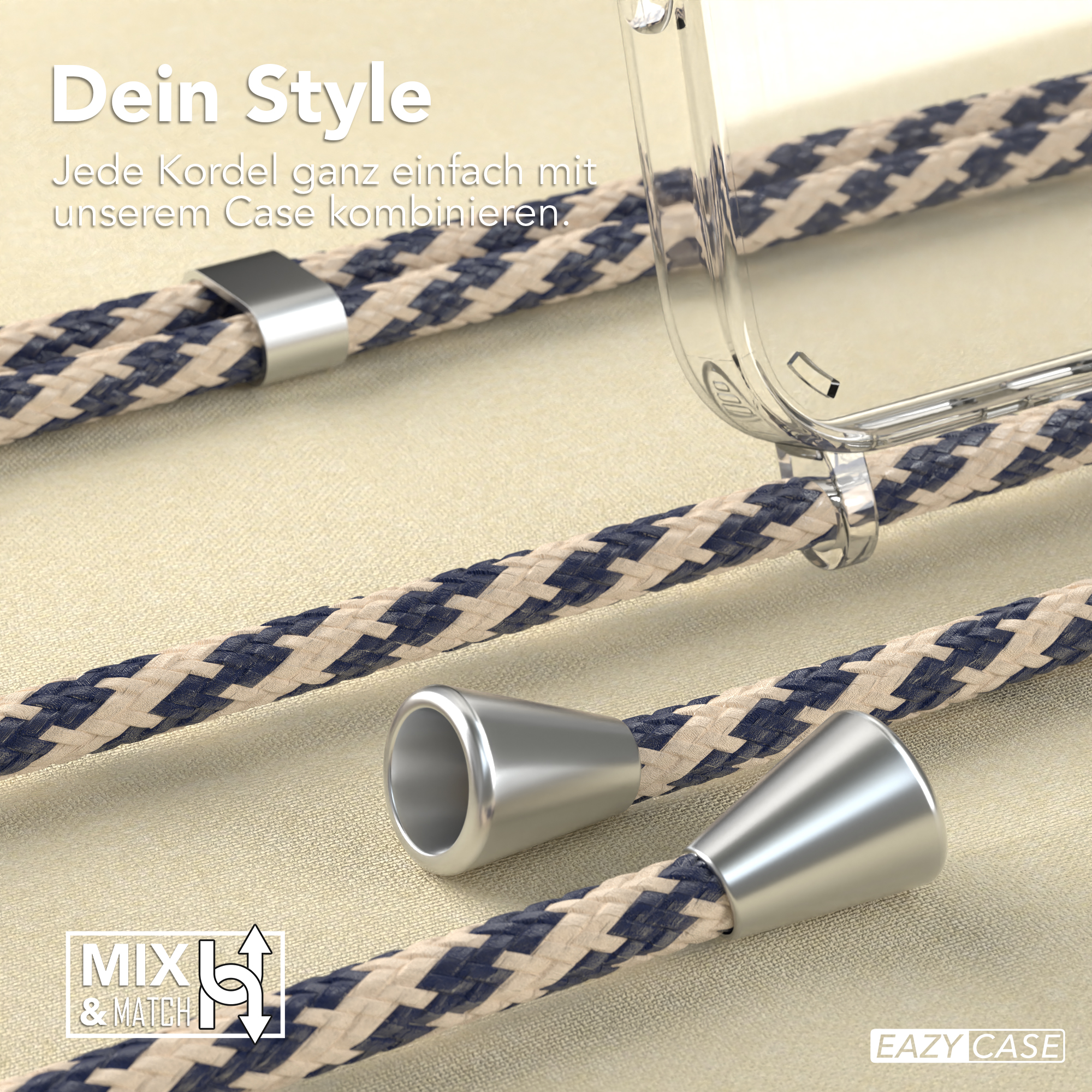 Nahaufnahme einer Handyhülle mit Lanyard-Aufsätzen. Zwei verschiedene Lanyard-Stile werden gezeigt.