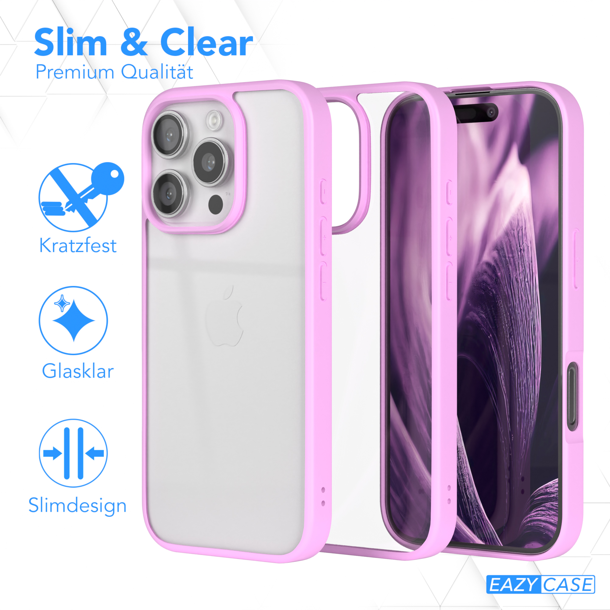Transparente Handyhülle mit rosa Rahmen. Ein Telefon befindet sich in der Hülle.