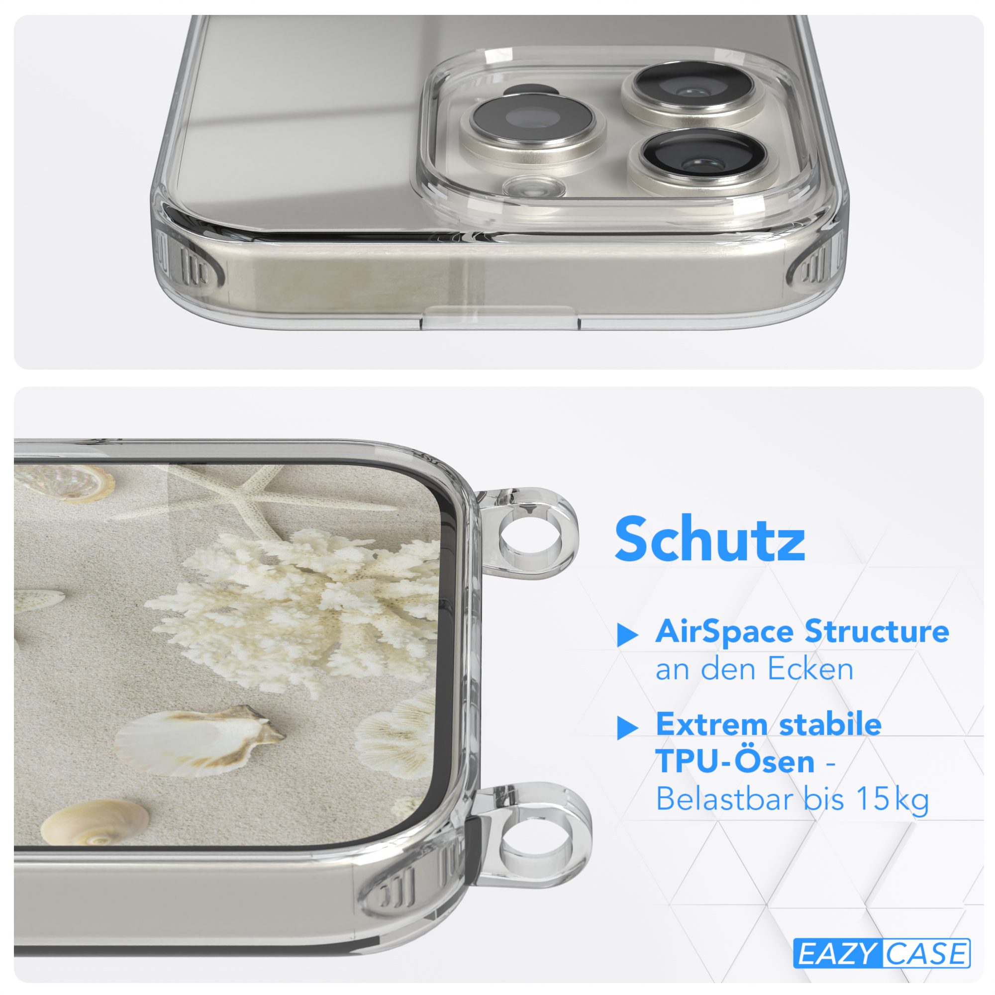 Nahaufnahme einer transparenten Handyhülle mit Strandszene. Die Hülle ist robust.