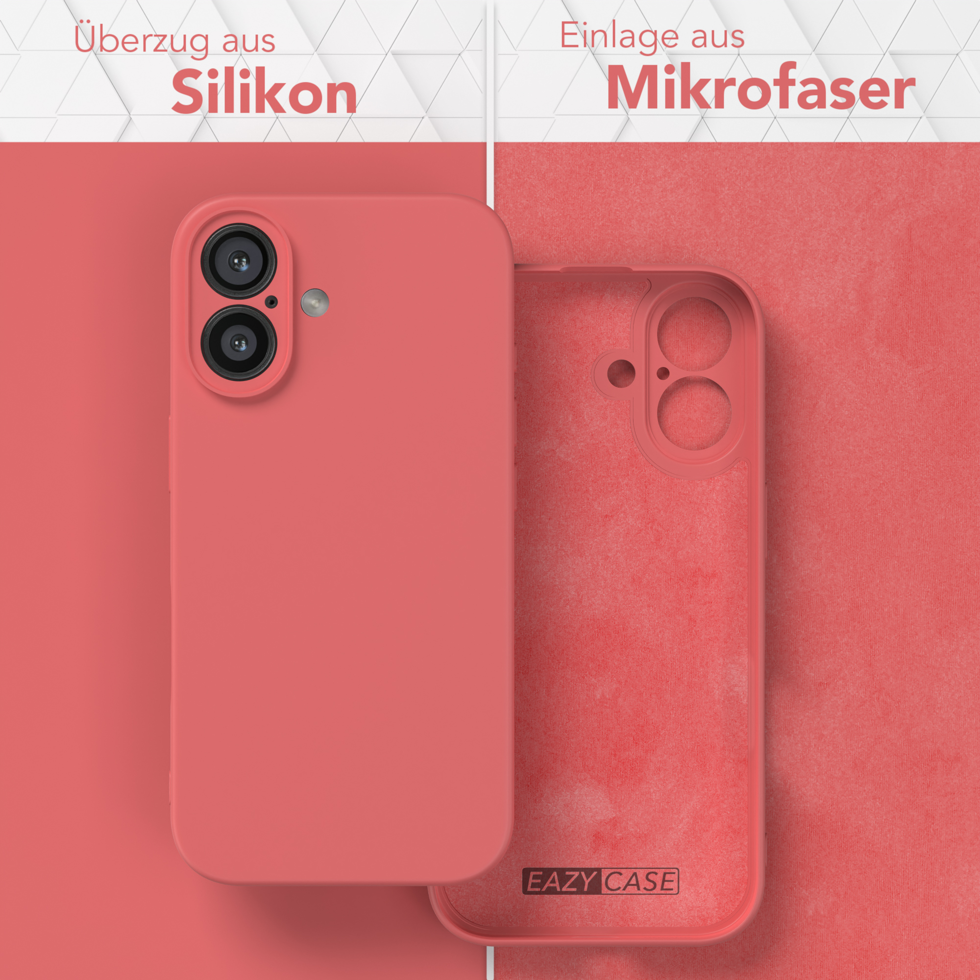 Handyhüllen. Eine ist rot, eine ist transparent und eine ist in der Farbe Rot.